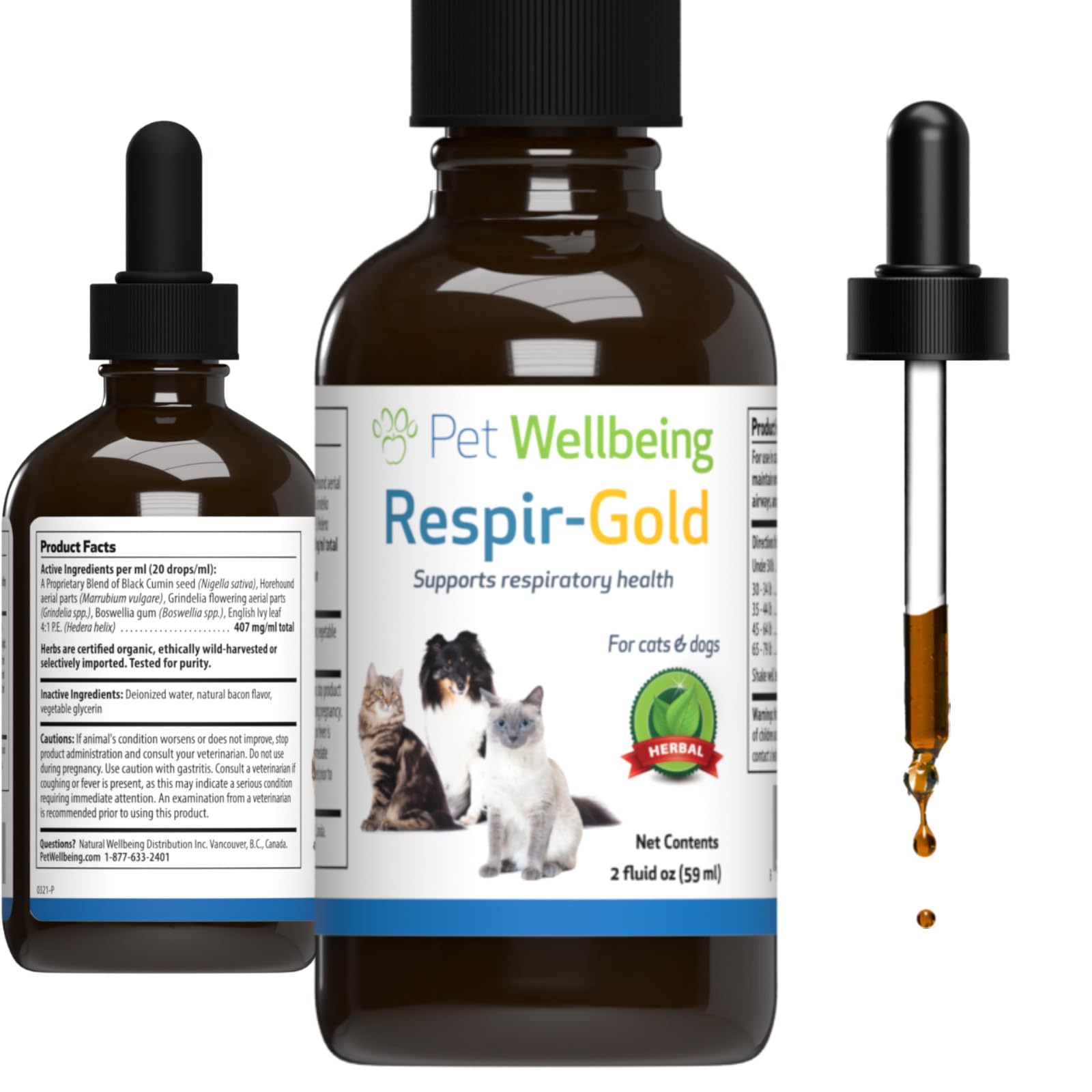 Pet Wellbeing Respir-Gold for Cats - Supports Healthy Breathing, Open Airways, Respiratory Support, Black Cumin, Horehound, Grin