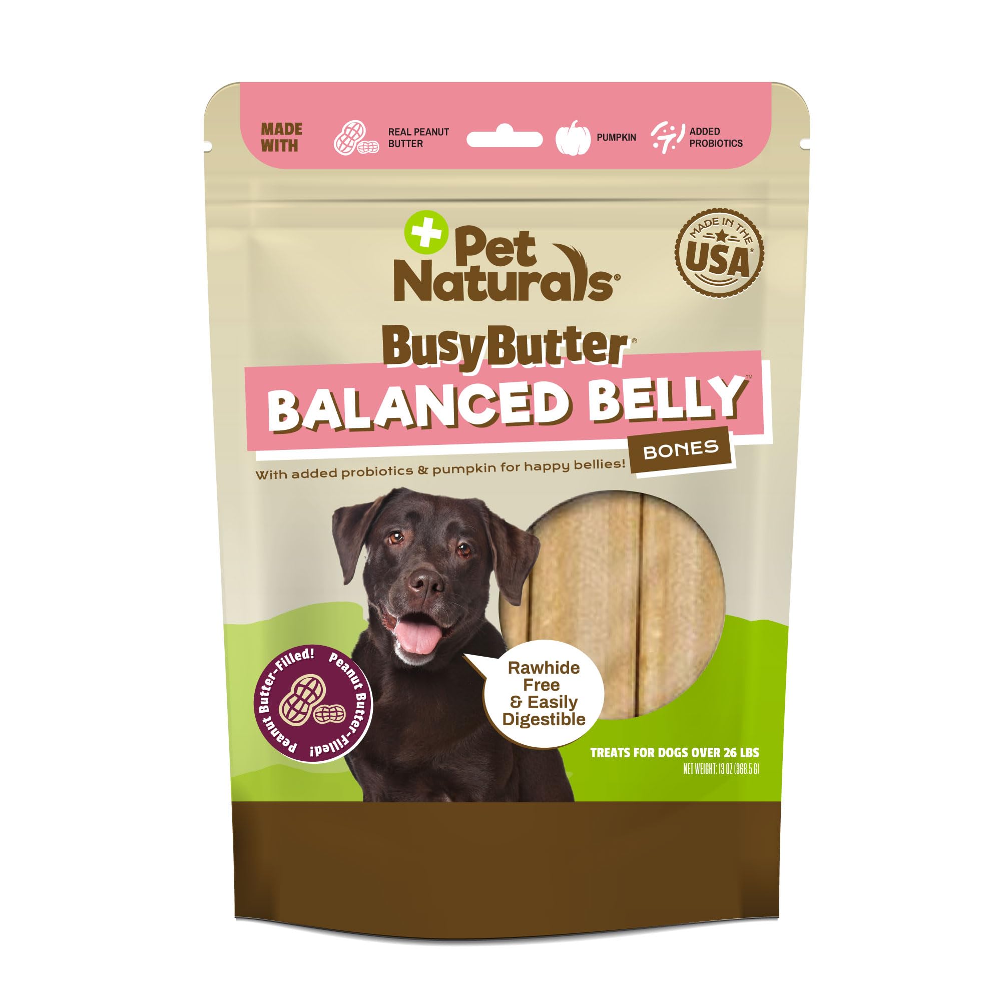 Pet Naturals BusyButter Balanced Belly Peanut Butter Bones, Rawhide-Free Chews for Medium/Large Dogs, Long Lasting Chew Bones, P