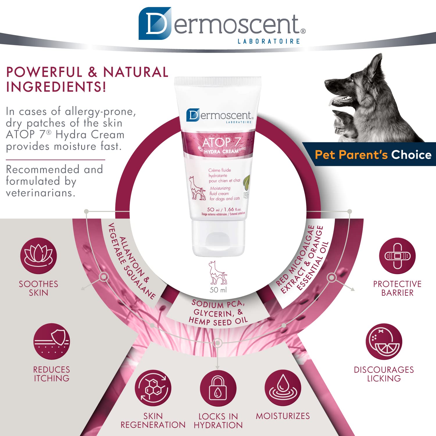 Dermoscent ATOP 7 Hydra Cream for Dogs & Cats for Dry & Allergy-Prone Skin Relief - Veterinarian Dermatologist Formulated - 50 m