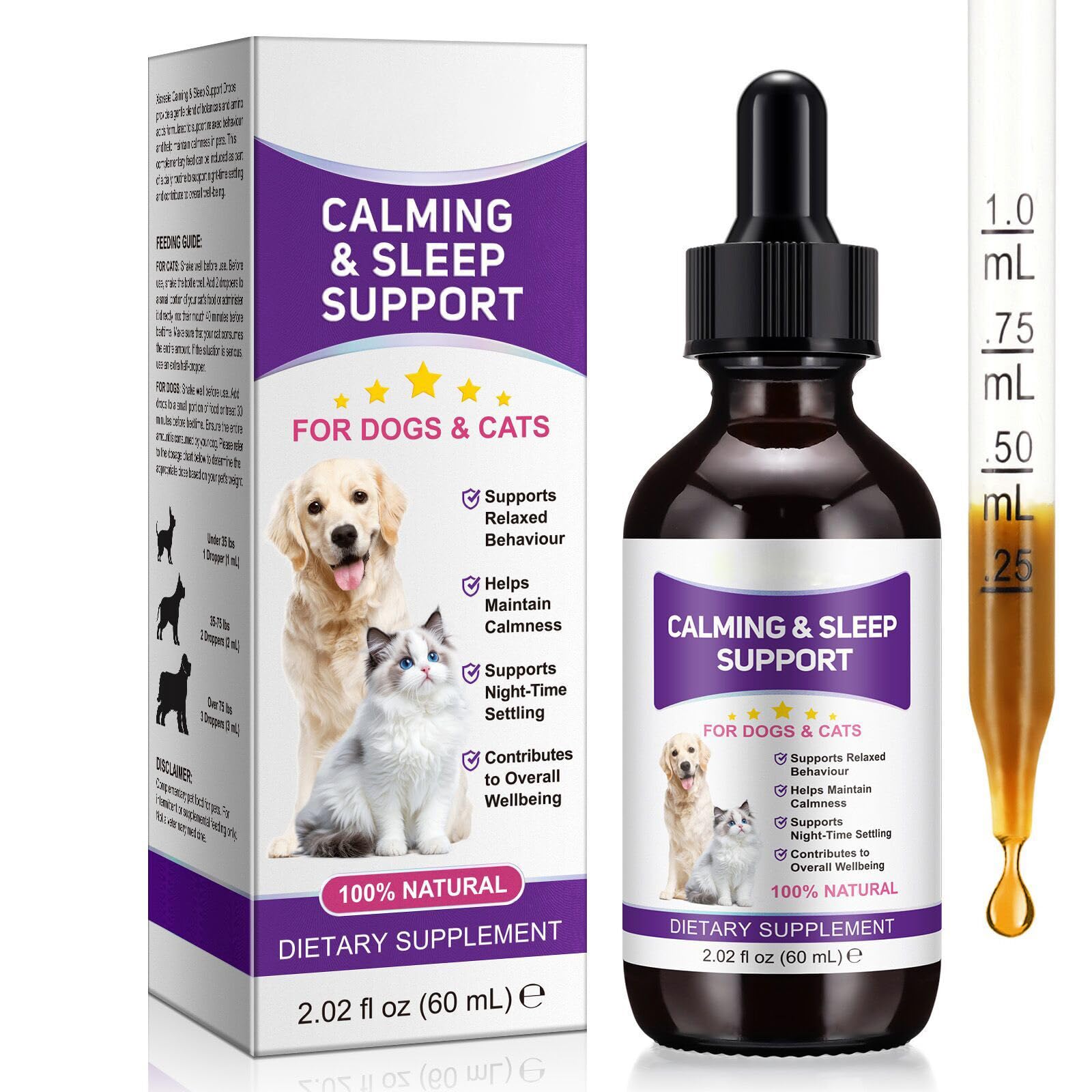 Liquid Melatonin for Dogs & Cats, 60ml Dog Melatonin Calming Drops with L-Theanine, Cat Calming Dog Sleep Aid Support Anxiety Re
