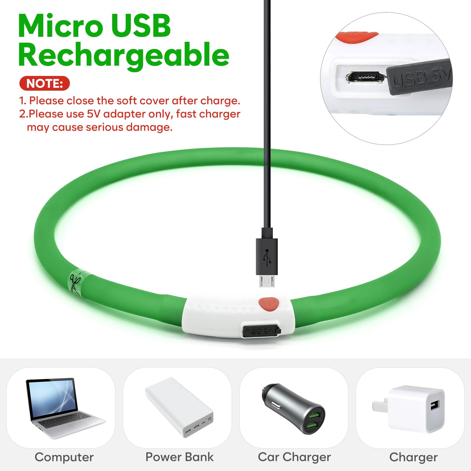 Higo Light Up Dog Collars - Rechargeable Led Dog Collar, Glowing Puppy Collar, Silicone Led Pet Collar, Flashing Dog Lights For Night Walking (Green)