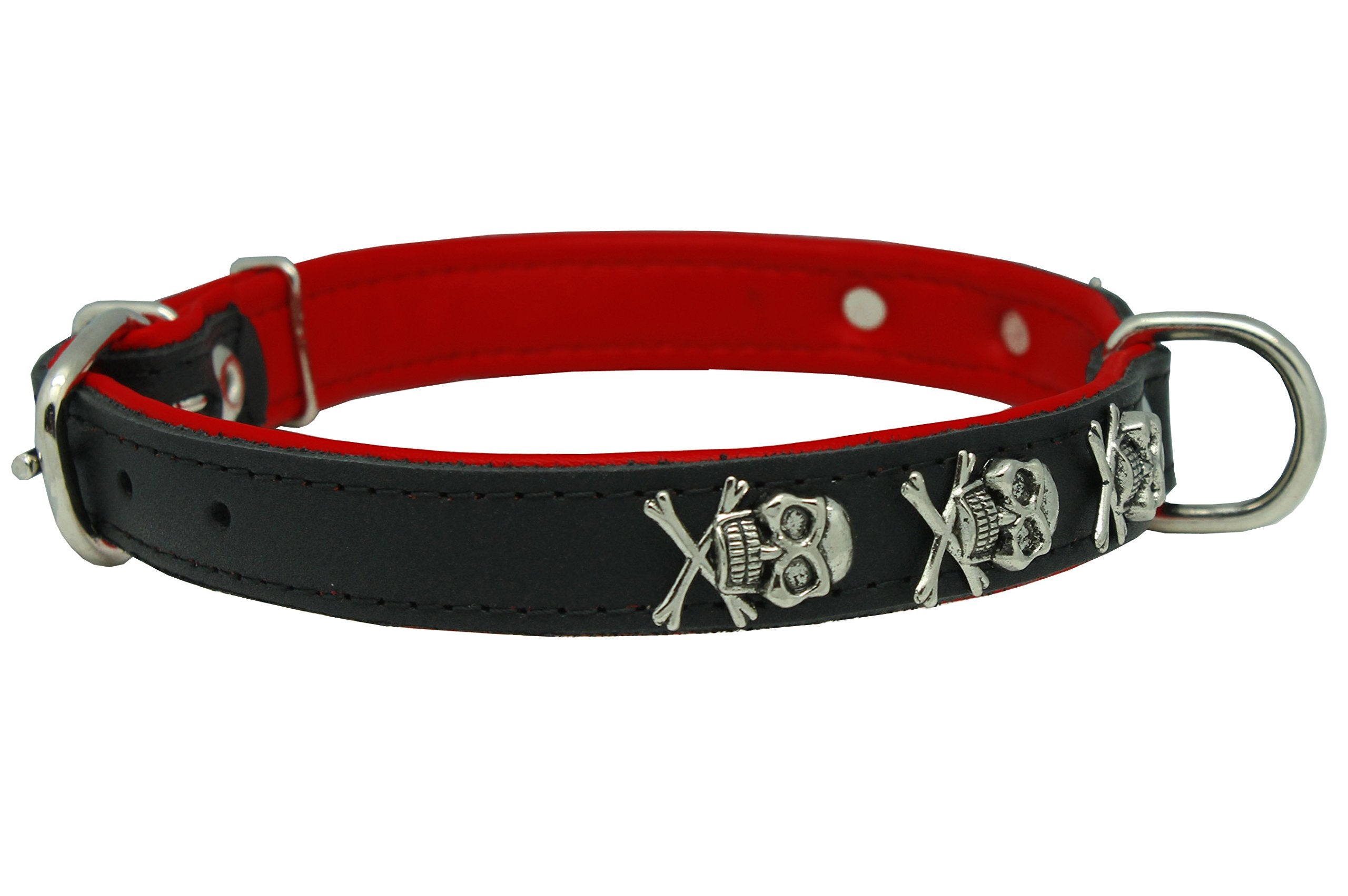 Dogs My Love Real Leather Skull Studded Padded Dog Collar (15.5''-18.5'' Neck; 3/4'' Wide, Black/Red)
