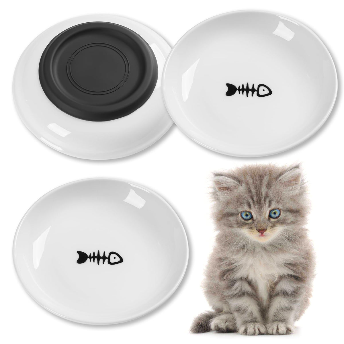 Wellbro 5.9 Inch Ceramic Cat Bowls,Wide&Shallow Dishes,Whisker-Friendly Plates With Non-Slip Silicone Bottom, Healthy Pet Feedin