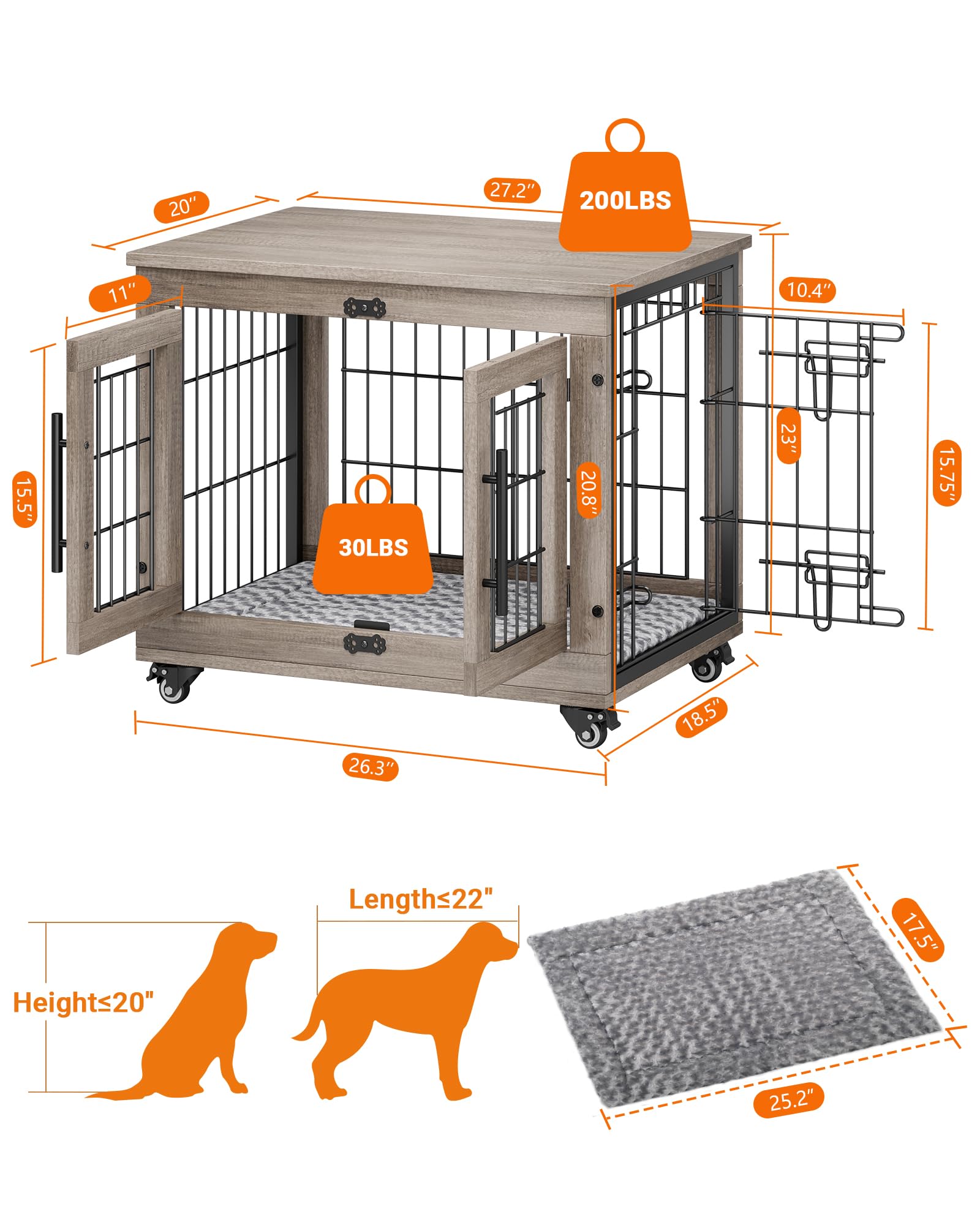 YaFiti Dog Crate Furniture with Cushion, Wooden Dog Kennel Indoor with Double Doors, Dog Cage with Wheels, Dog House Side End Ta