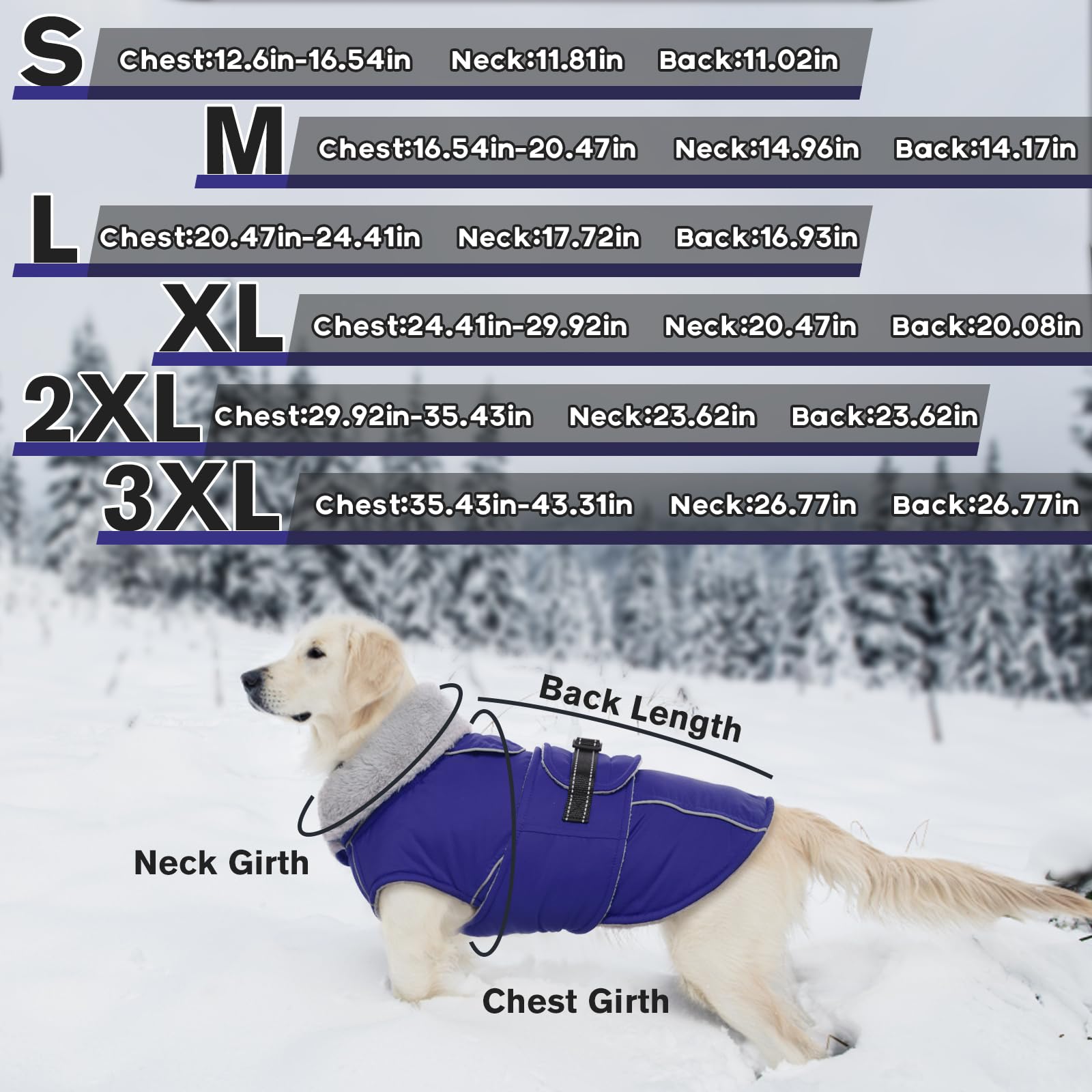 LeLePet Warm Dog Coat, Waterproof Fleece Vest for Cold Weather, Adjustable Buckle, XXXL, Blue