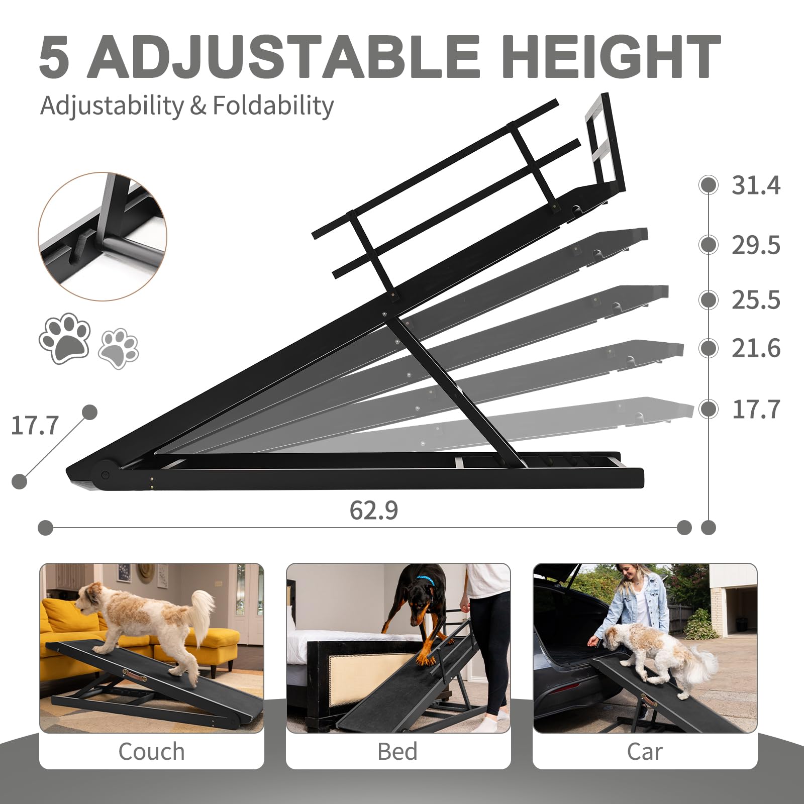 Aboron Antislip Folding Dog Ramp, Adjustable Pet Ramp For Bed/Couch/Car, Rubber Mat With High Traction, Great For Small & Large