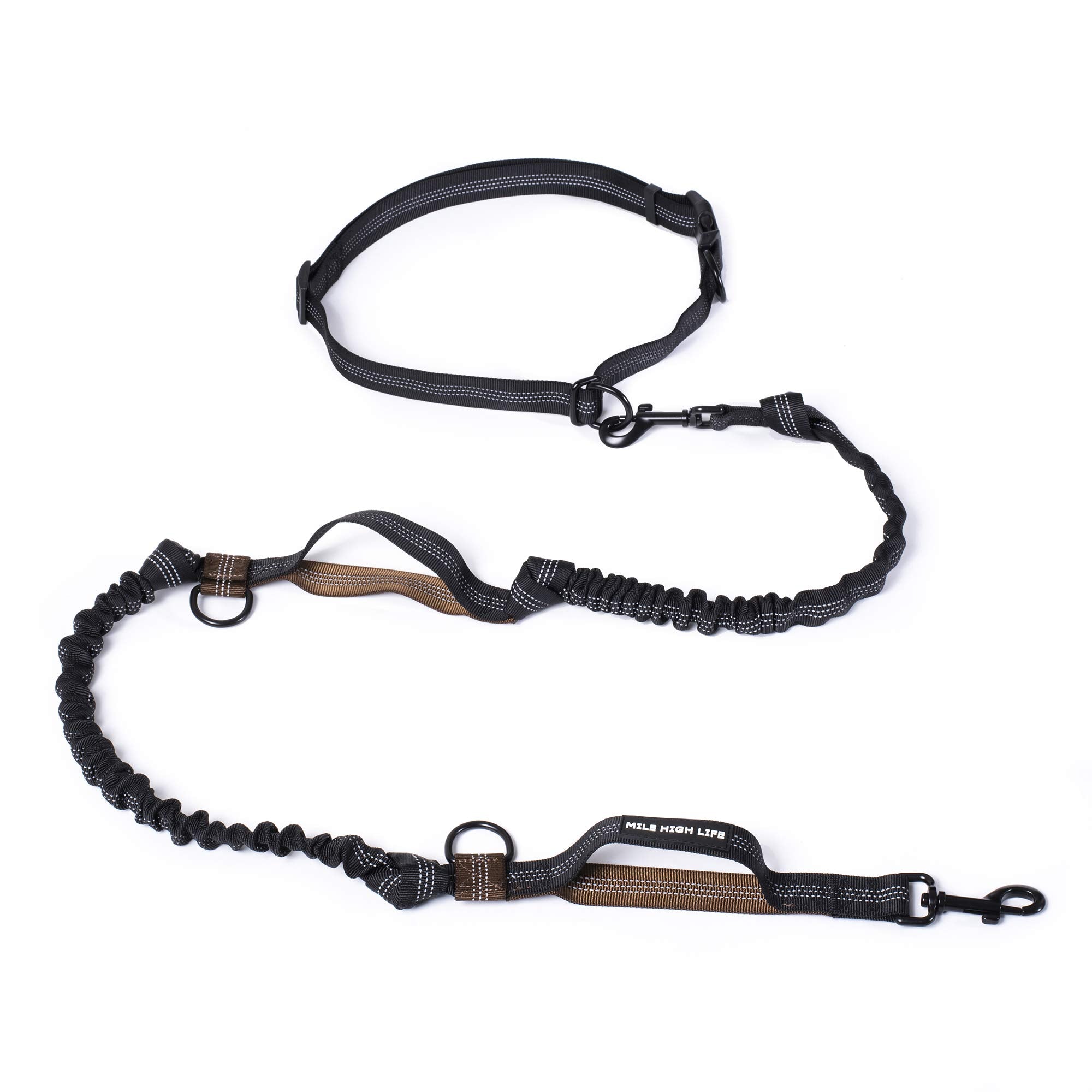 Mile High Life | Retractable Hands Free Dog 7Ft Leash | Waist Running Adjustable | Reflective Dual Black Bungees | Dual Handles | Small Medium Large Dogs | (Brown)