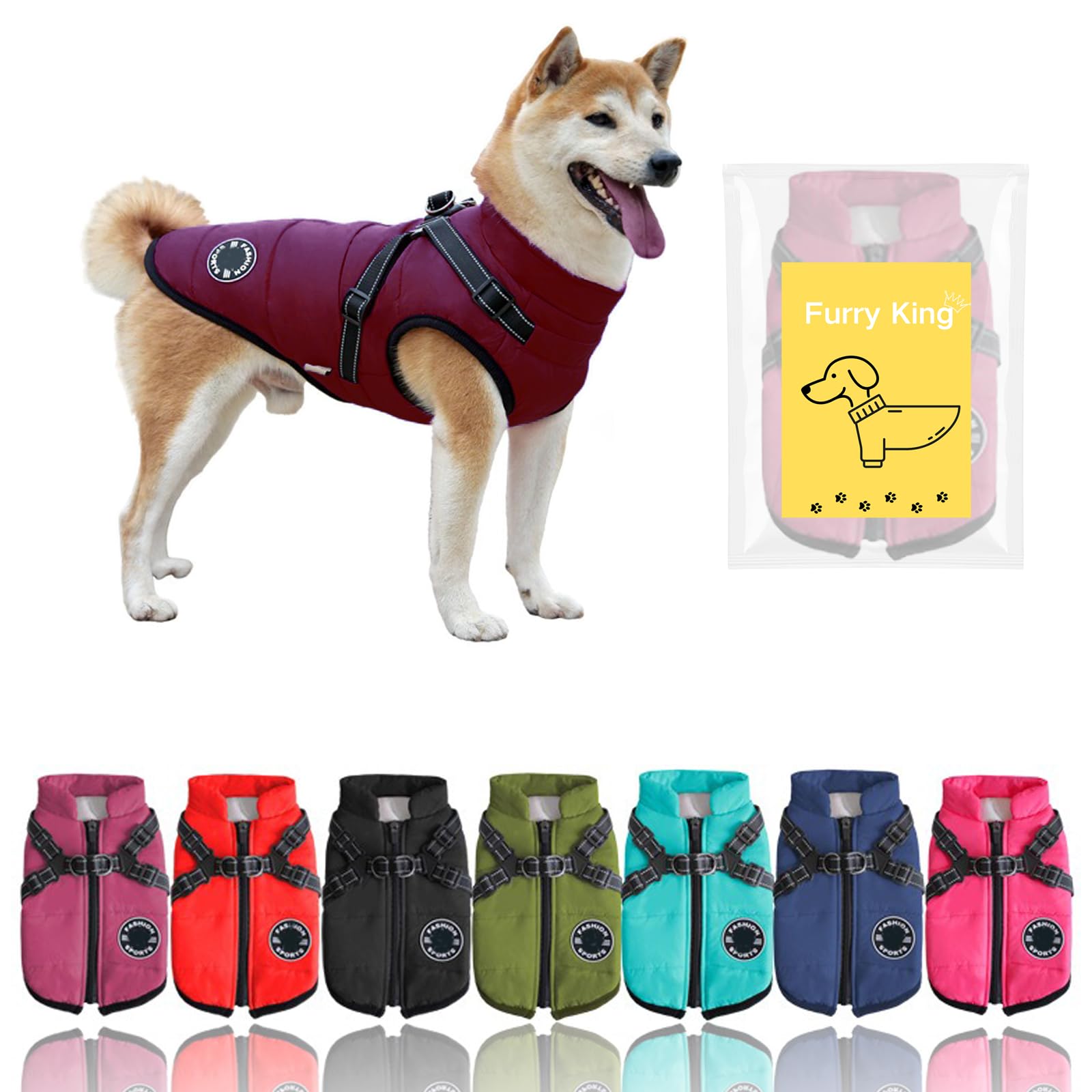 Furry King Dog Winter Coat With Harness, 7 Colors, Waterproof, Fleece Lined. (Purple, 4Xl)