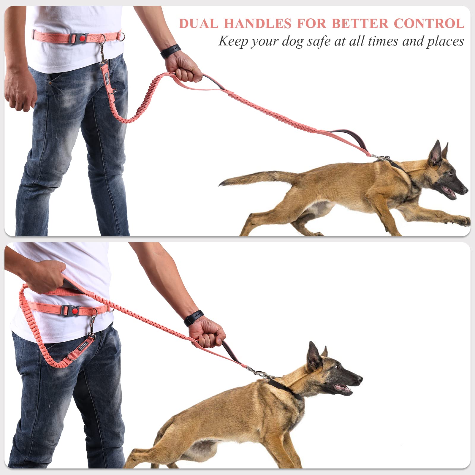 Vivaglory Hands Free Dog Running Leash With Dual Advanced Anti-Shock Bungees And Padded Handles, Reflective Waist Jogging Leash With Adjustable Belt For Training For Medium Large Dogs, Pink/Grey