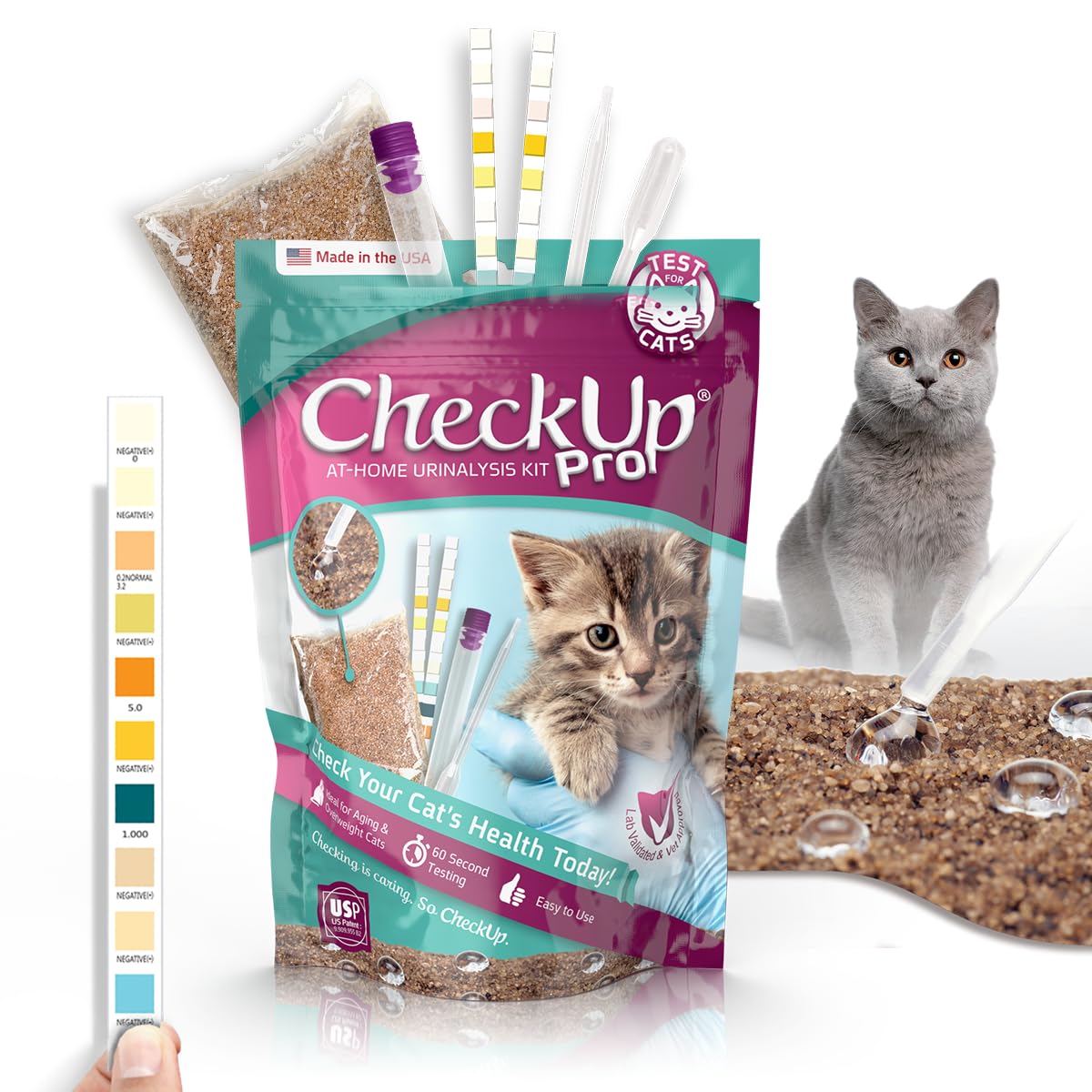 CheckUp Pro at Home Wellness Test for Cats | Hydrophobic Litter for Urine Collection & two 10 Indicators Test Strips for pH, Pro