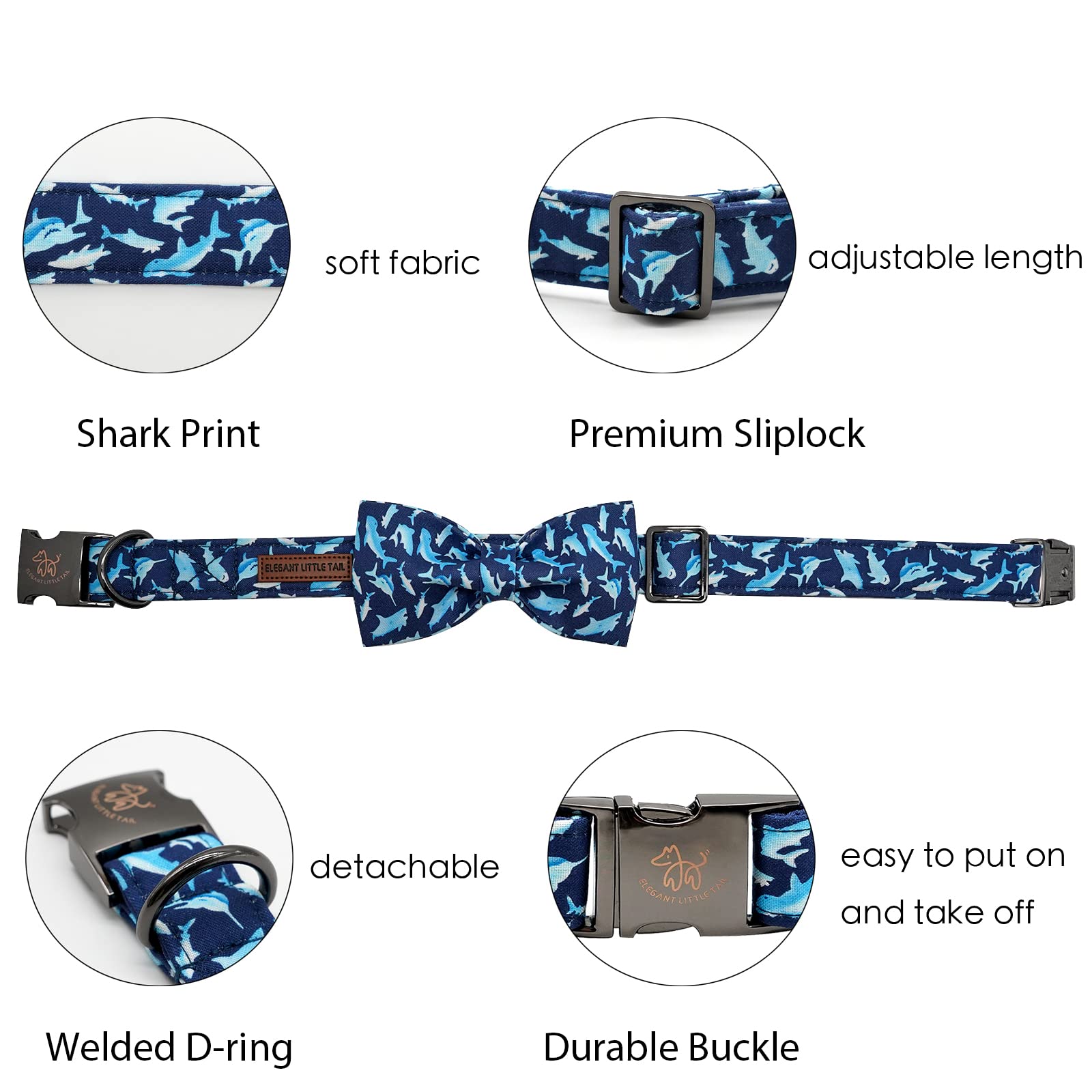 Elegant little tail Dog Collar with Bow, Shark Print Adjustable Dog Collar Cute Bowtie Dog Collar Boy Pet Collar for X-Small Pup