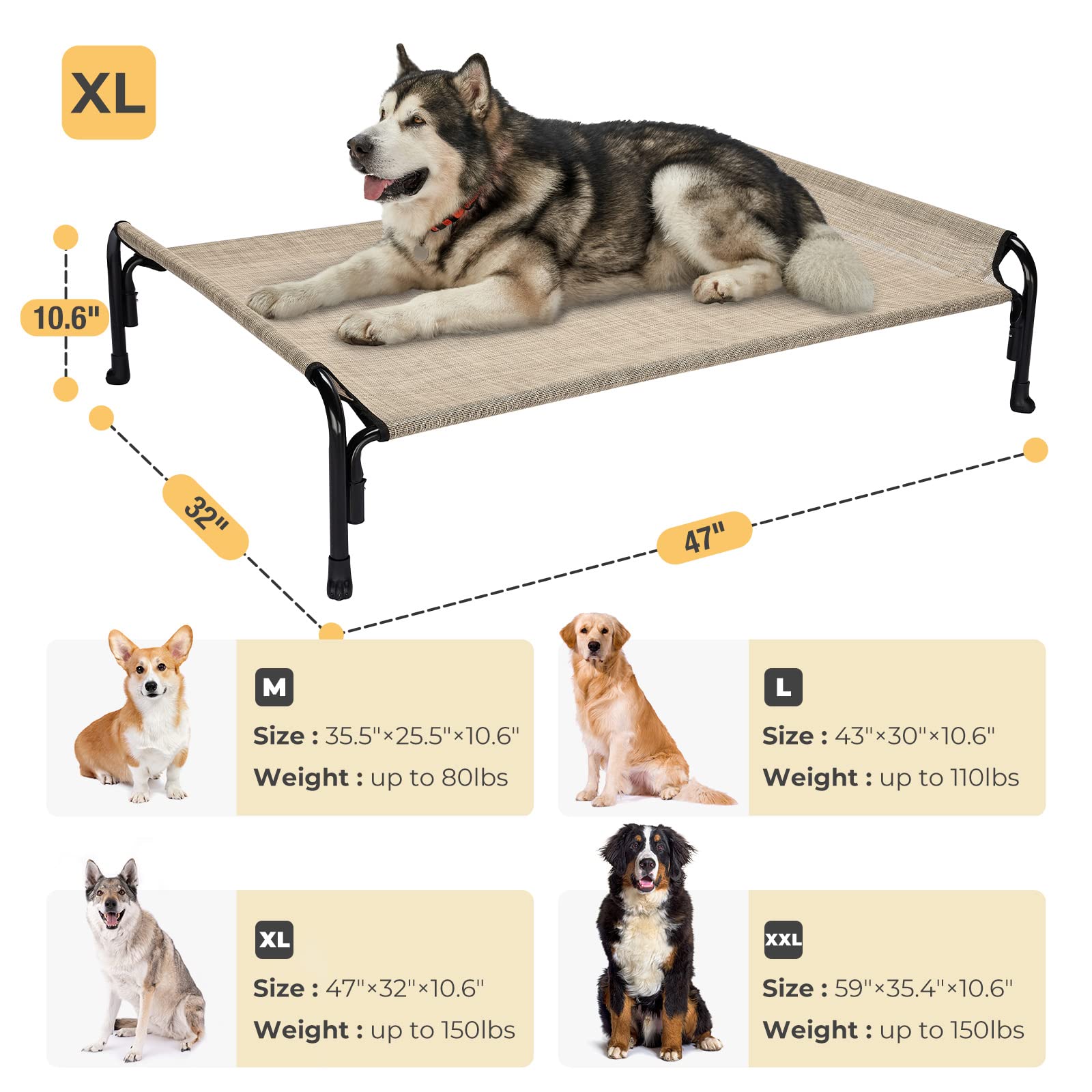 Veehoo Elevated Dog Bed, Outdoor Raised Dog Cots Bed For Large Dogs, Cooling Camping Elevated Pet Bed With Slope Headrest For Indoor And Outdoor, Washable Breathable, X-Large, Beige Coffee, Cwc2204