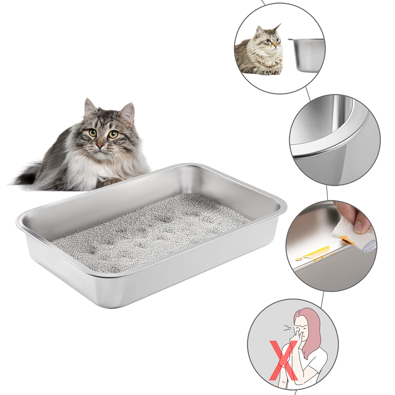 Yangbaga Stainless Steel Litter Box For Cat And Rabbit,Odor Control Litter Pan,Non Stick Easy To Clean,Never Bend,Rust Proof Hig