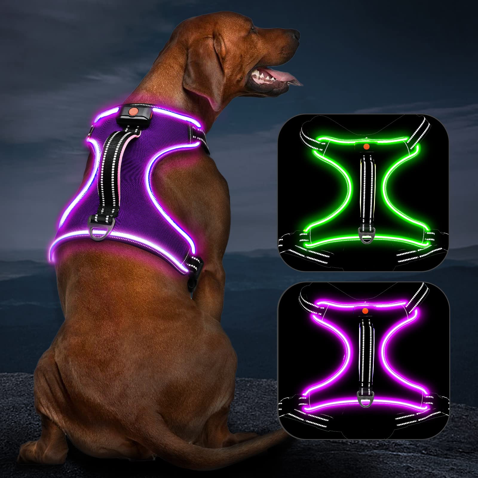 Light Up Dog Harness No Pull Led Dog Harness With Handle Vizbrite Rechargeable Lighted Dog Vest Harness For Small/Medium/Large/X-Large Size Dogs No Pull, 4 Point Adjustable Dog Harness