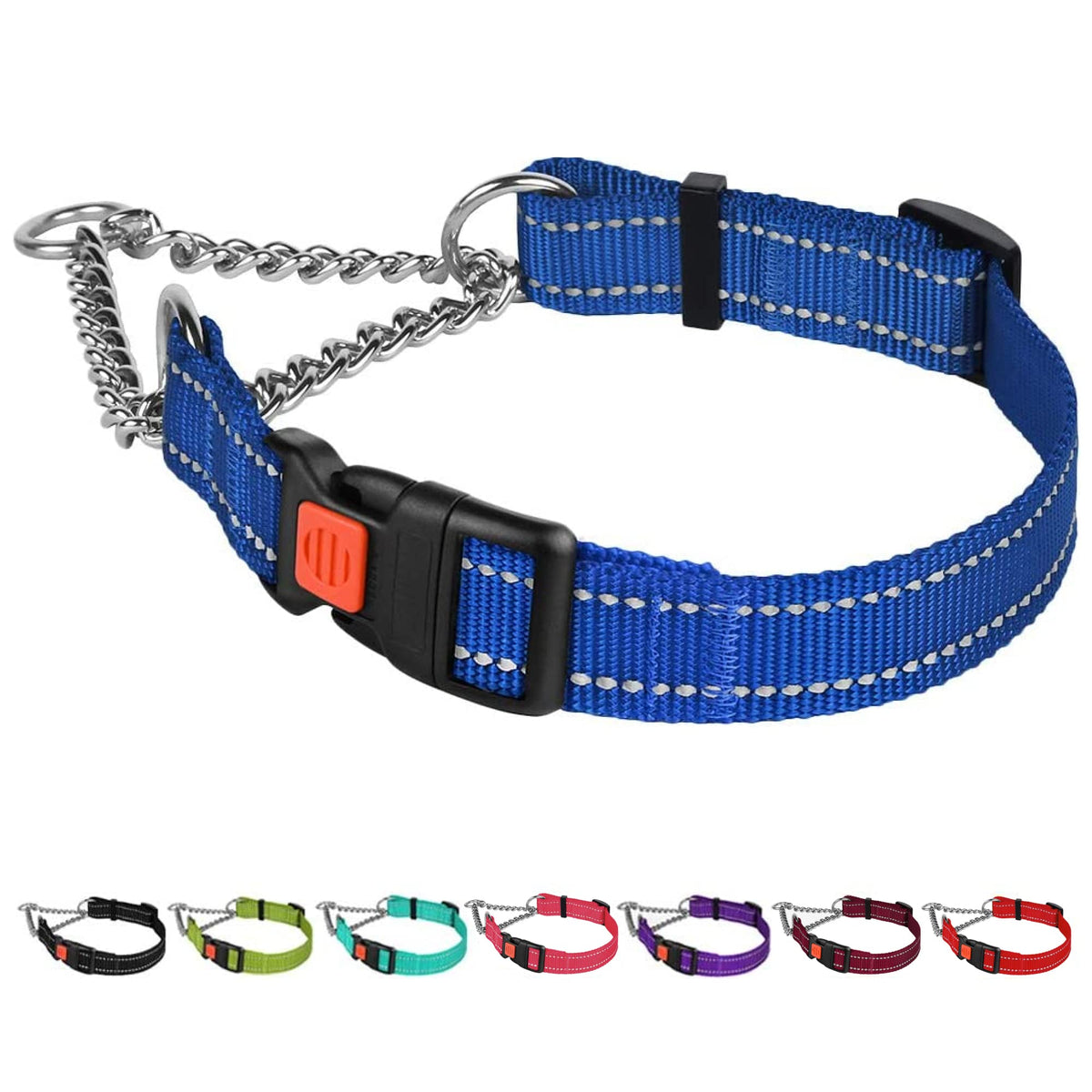 Collardirect Martingale Dog Collar With Stainless Steel Chain And Quick Release Buckle - Reflective Collar For Large, Medium, Small Dogs - Blue, Medium (Neck Size 14'-17')