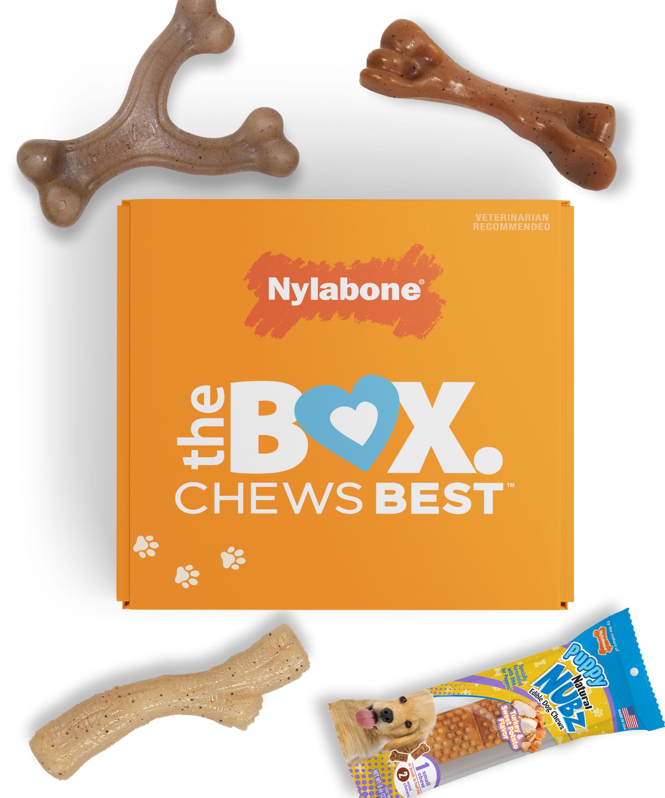 Nylabone Puppy Gift Box, Includes 3 Strong Chew Toys and 1 Natural Dog Treat, Gifts for Puppies, Small - Up to 25 lbs, 4 Pack