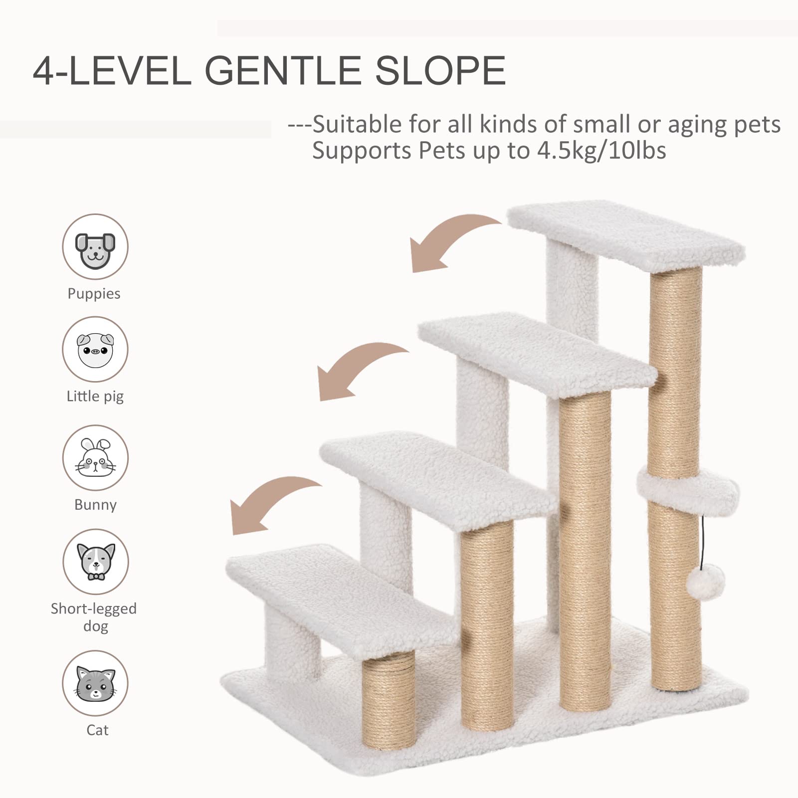 PawHut 4 Levels Cat Steps, Pet Stairs Carpeted Ladder, Kitten Tree Climber with Scratching Posts, Hanging Play Ball, Side Step,