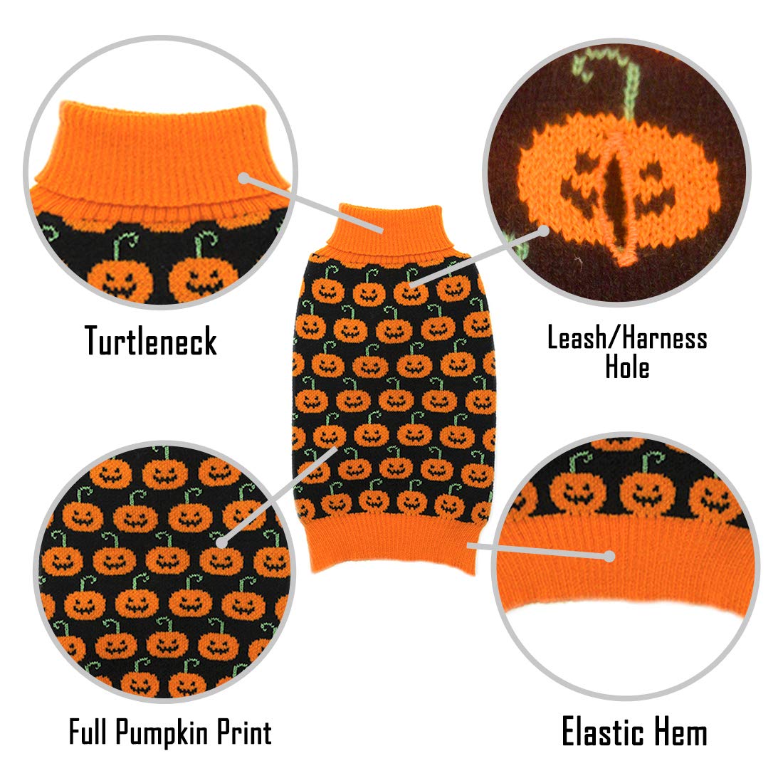 Kyeese Halloween Dog Sweater Pumpkin With Leash Hole Dog Sweater Turtleneck Dog Knitwear Warm Pet Sweater,Xl