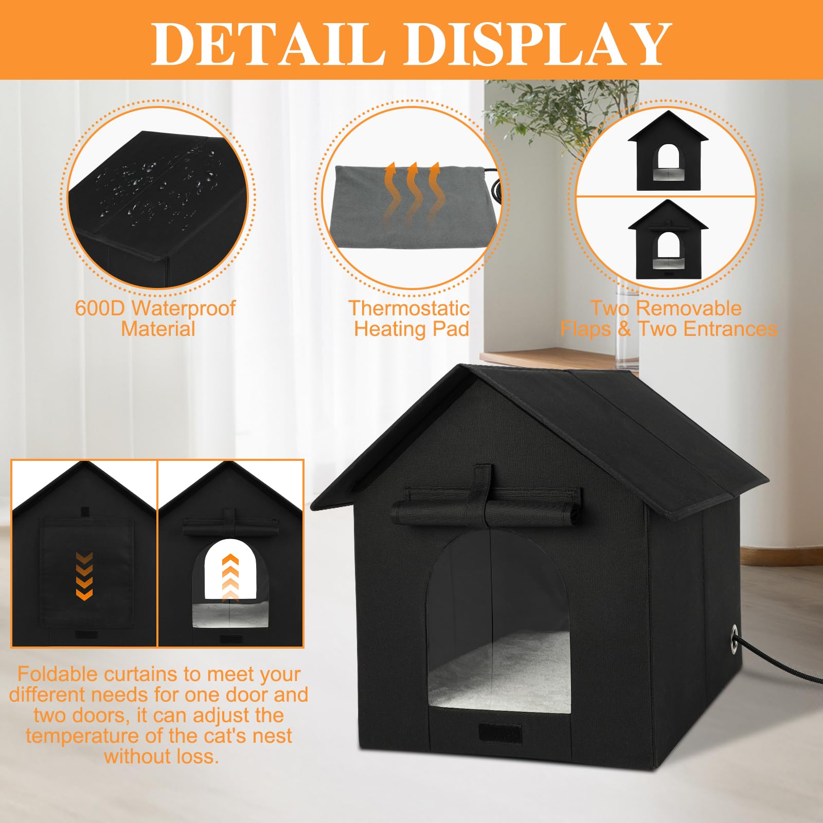Large Heated Outdoor Cat House Double Door Heated Cat Shelter, Weatherproof Foldable Heat Kitty House With Cat Heating Pad Bed F