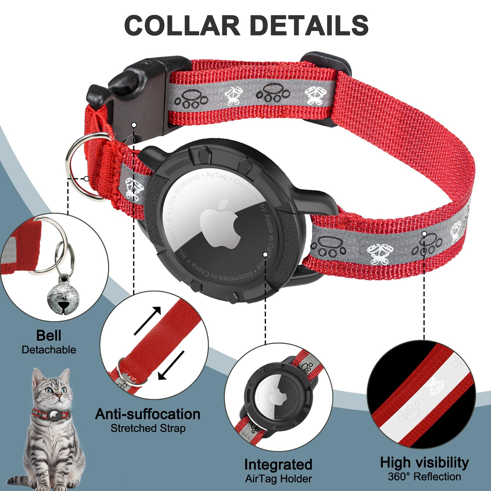 Odokele Reflective Cat Collar with AirTag Holder, Elastic Band, XS (7"-9"), Red, Nylon
