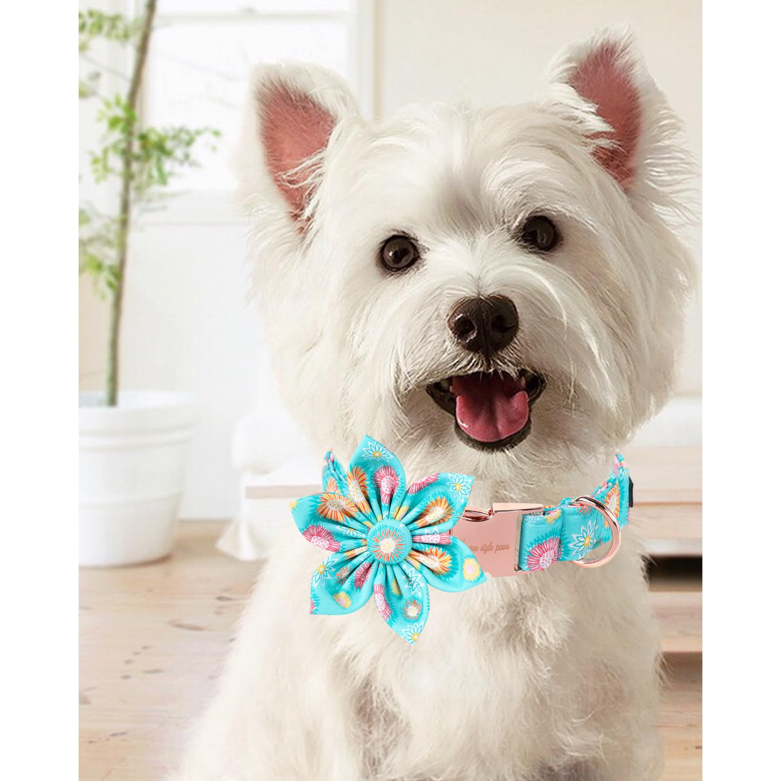 Unique Style Paws Summer Dog Collar With Floral Bow,Sunflower Bows Tie Puppy Collar, Cute Blue Dog Bow Collars For Small,Medium,