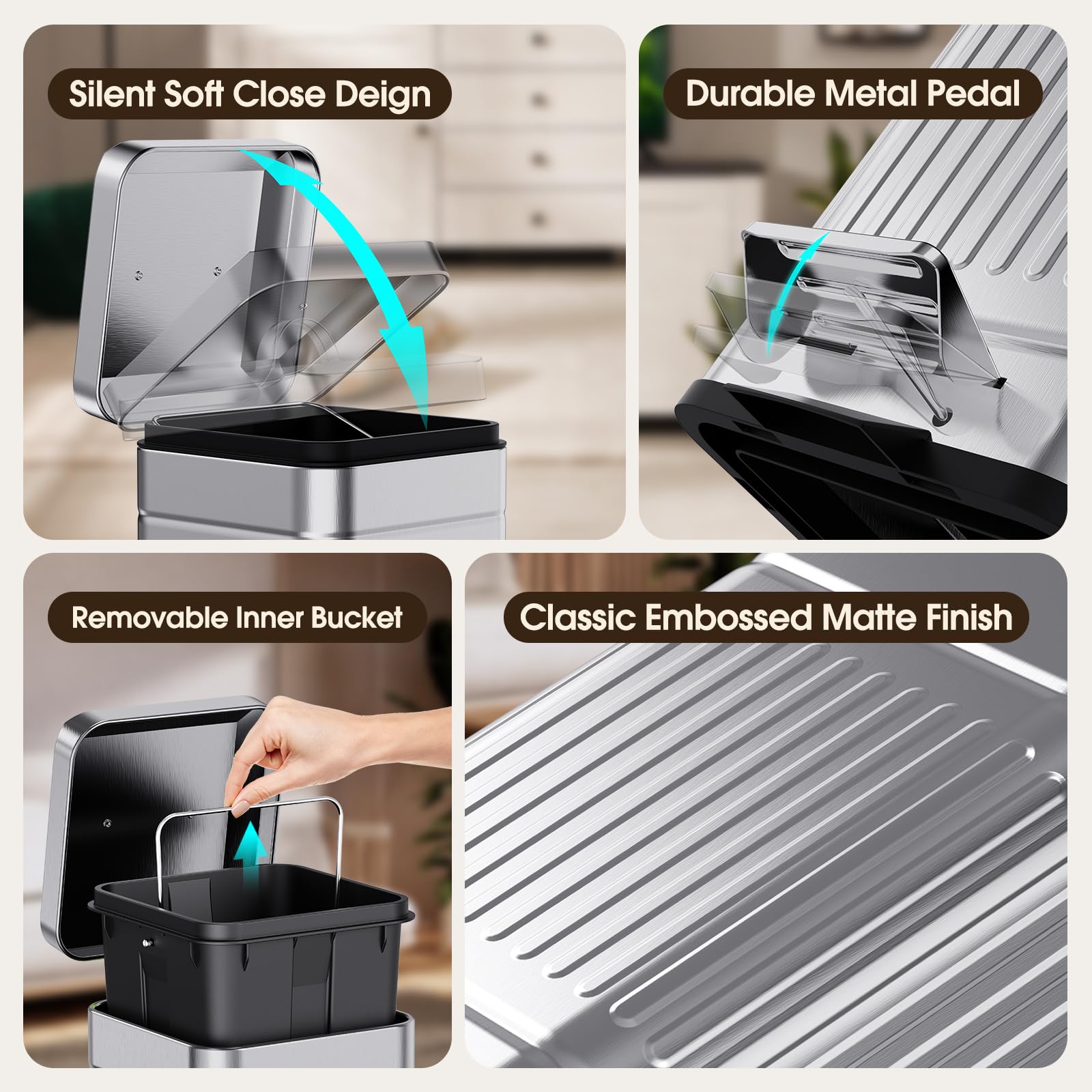 CEROELDA Small Trash Can with Lid, 5L/1.3 Gal Galvanized Steel Waste Bin, Soft Close Step Pedal for Bathroom, Bedroom, Office