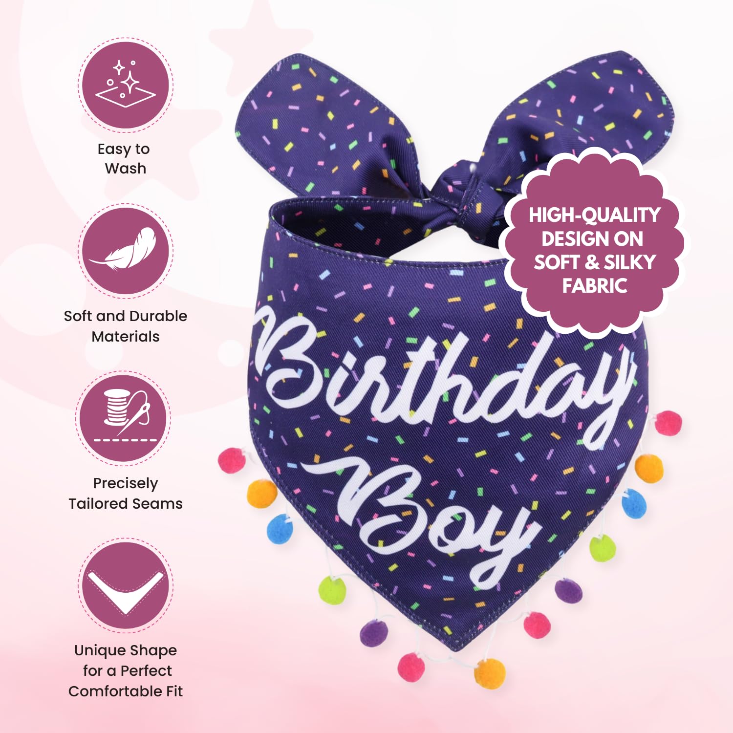 Lunamarie - Luxury Pet Birthday Bandanas -Premium & Silky Poly Fabric | 100% Handmade | Custom Shape Dual Layered (Birthday Boy,