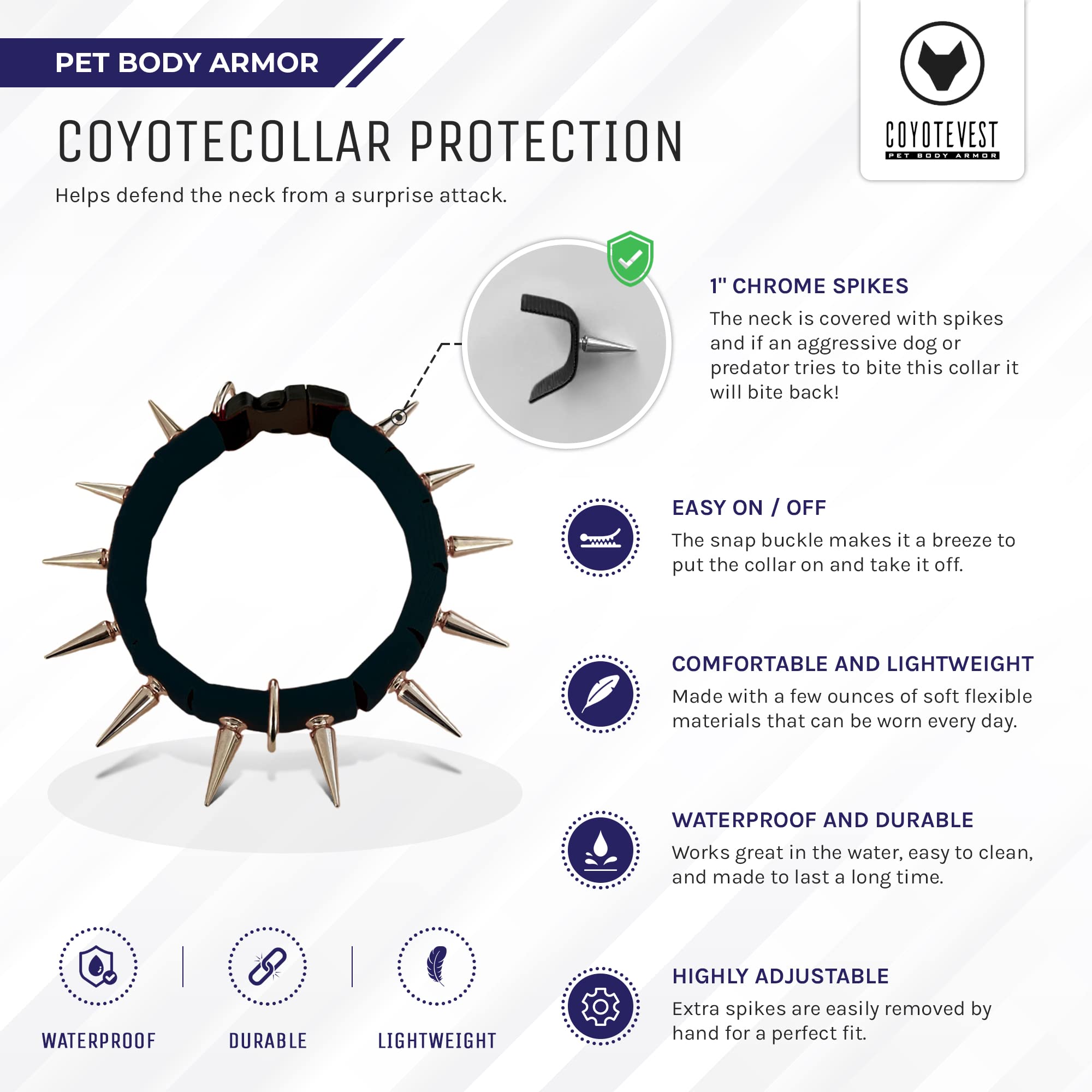 Coyotecollar Spiked Dog Collar - Medium Black Spike Collar, Adjustable, Studded, Protection Against Coyotes And Aggressive Dogs