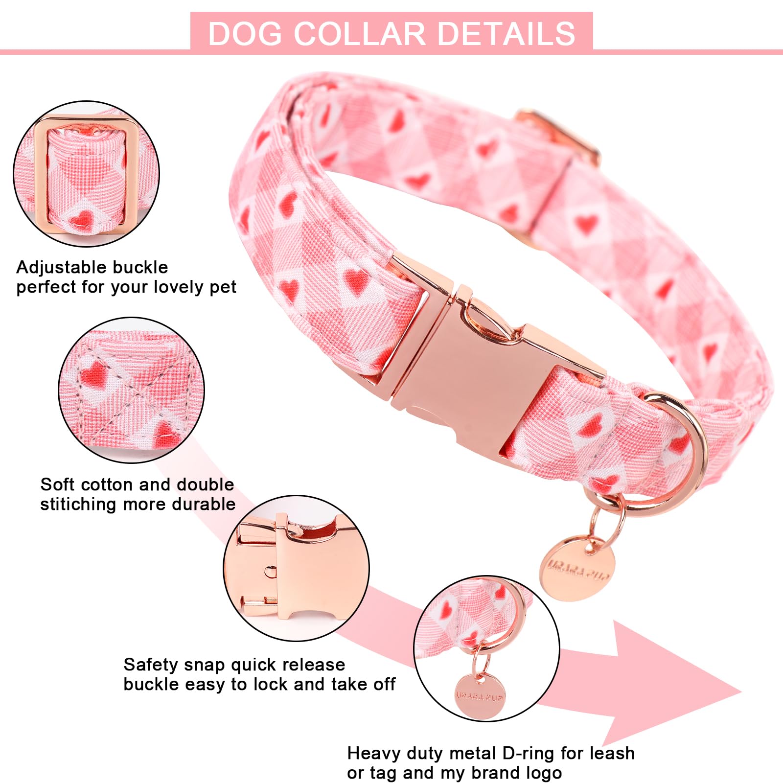 Up Urara Pup Valentine'S Dog Collar, Pink Heart, Adjustable Size, Premium Cotton, Metal Buckle, L