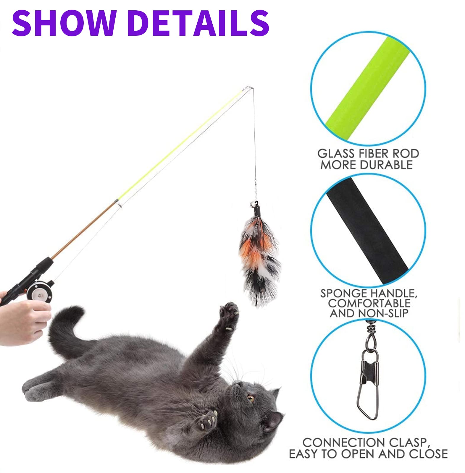 Whefory Retractable Cat Teaser Wand Toy, Cat Toys For Indoor Outdoor Cats Interactive Fishing Rod With 8 Pcs Refills Feather Toy, Plush Mouse Caterpillar & Fish