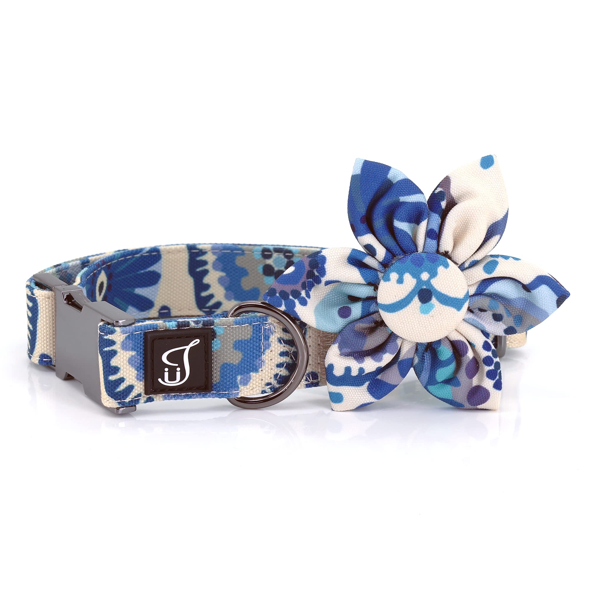 Ultra Joys Girl Dog Collars With Flower - Female Dog Collars With Comfortable Cotton Fabric & Metal Buckle In Blue Daisy Design 