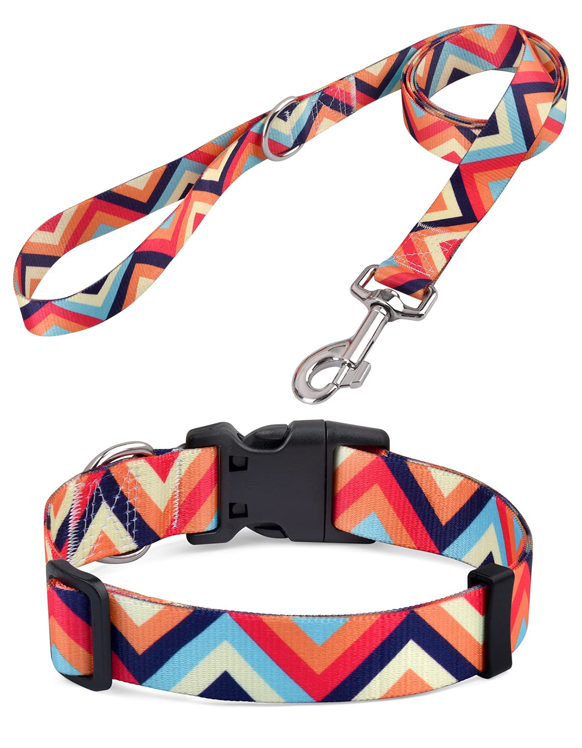 Hqyddmi Dog Collar And Leash Set - Comfortable Pet Collar For Small To Large Dogs - Geometry Pattern (Colorful Waves Set, L)