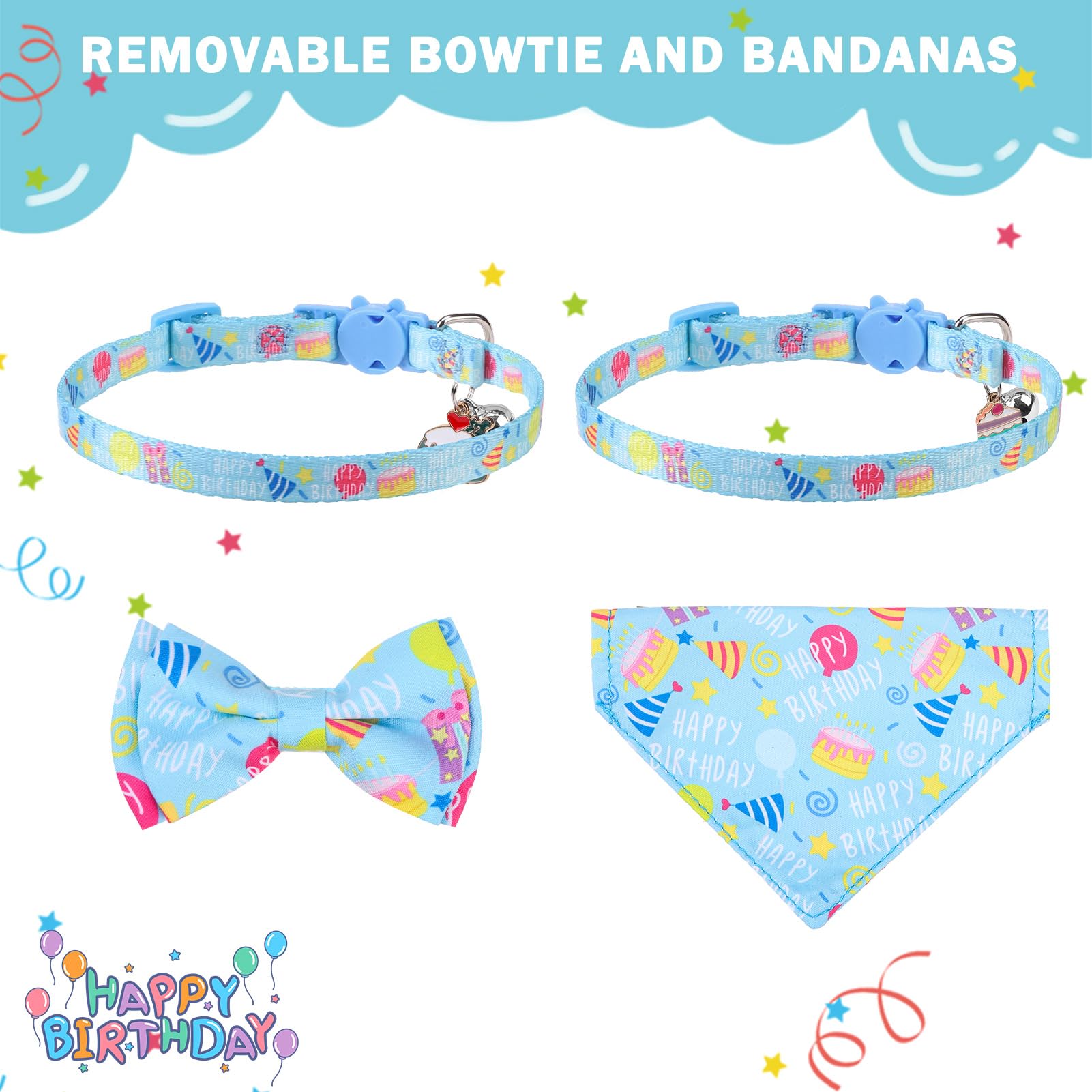 Scenereal Cat Bandana Collars For Birthday - 2 Pack Breakaway Kitten Collars With Bell Bowtie, Accessories For Pet Collars, Adju