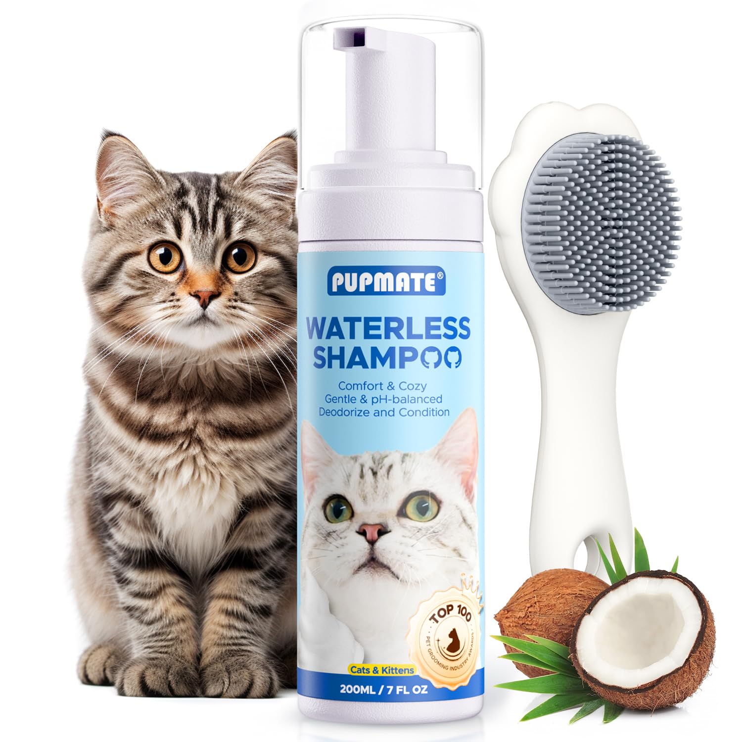 Cat Waterless Shampoo With Brush - No Rinse Formula For Quick Clean Between Baths, Hypoallergenic & Detangling, Reduce Itchy Ski