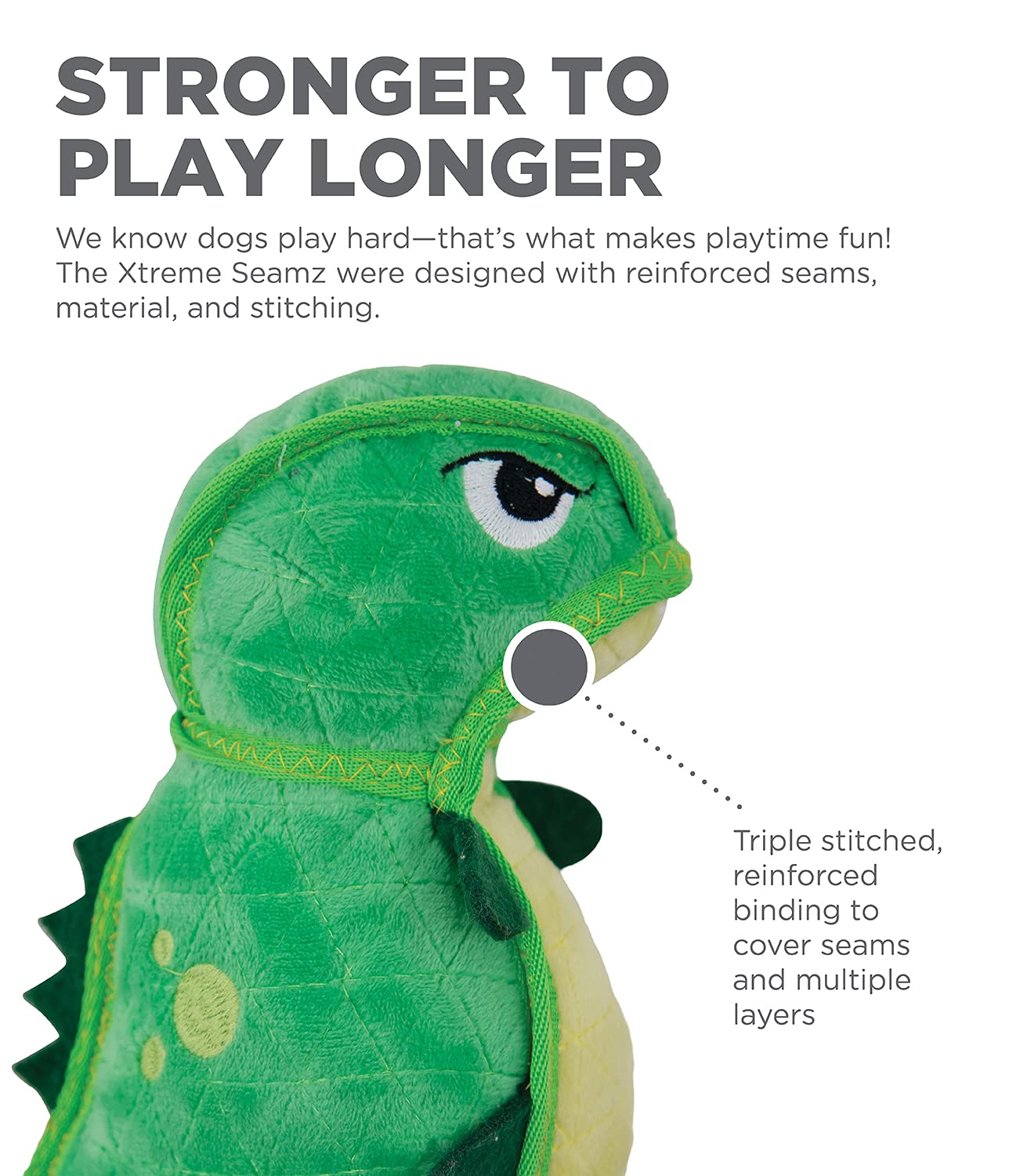 Outward Hound Xtreme Seamz Dino Squeaky Plush Dog Toy - Reinforced Dense Stuffing Plush Toy
