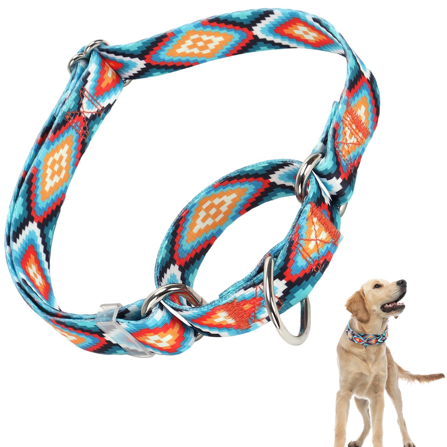Martingale Collar For Dogs Adjustable Heavy Duty Training Collars With Blue African Tribal Mexican Native Boho Pattern, No Slip 