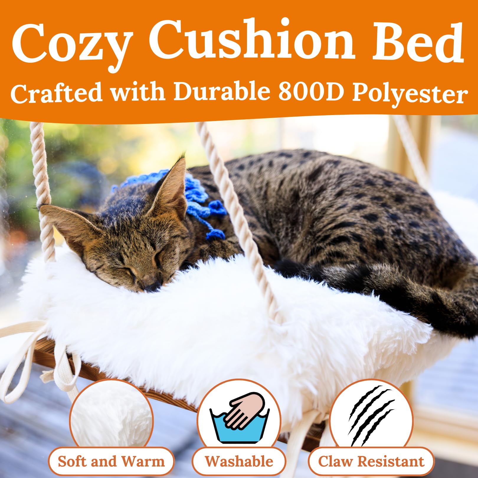 Cat Window Perch For Large Cats - Hammock Bed For Heavy Indoor Cats - Solid Wood Seat, 5 Strong Suction Cups, Soft Cushion - Rus