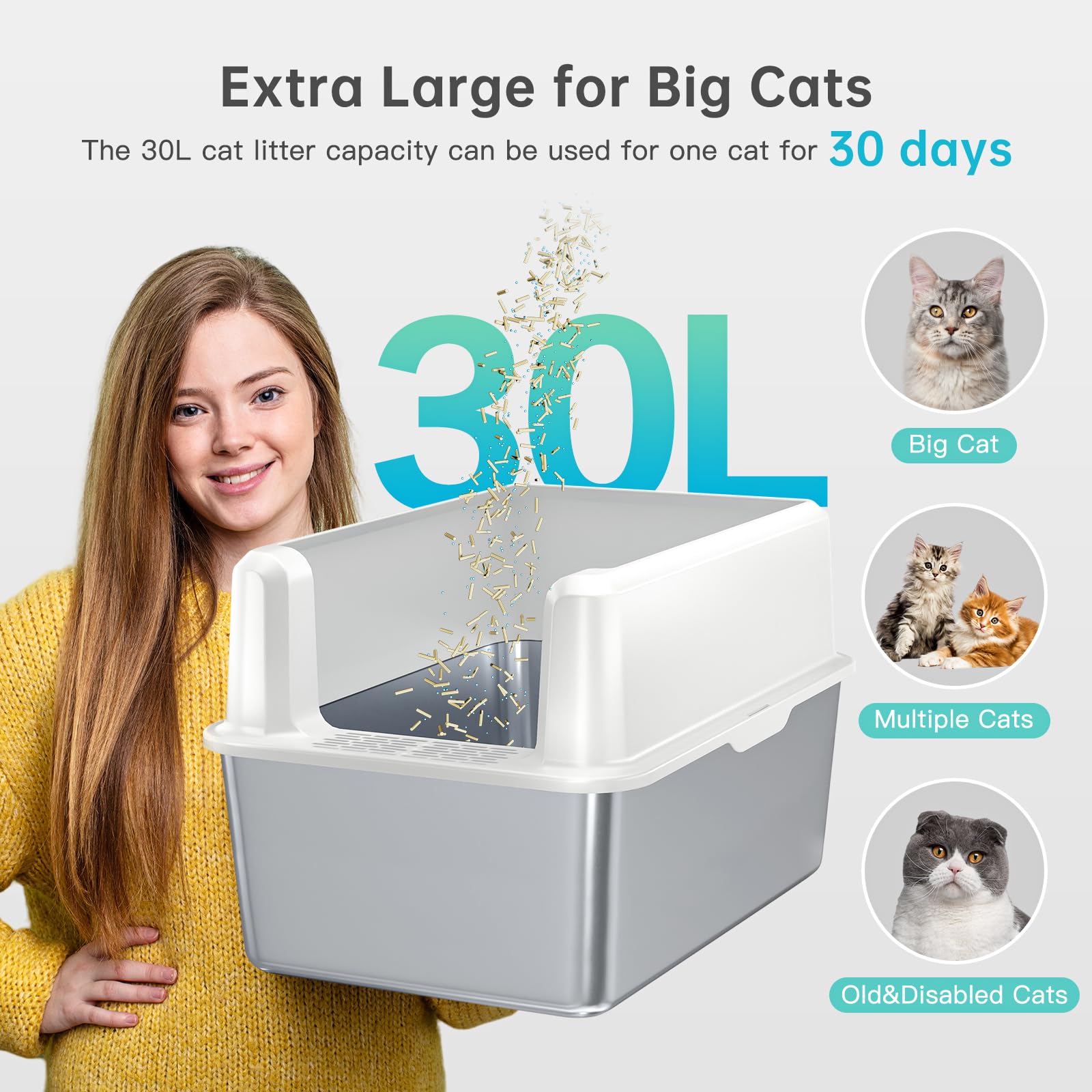 Stainless Steel Litter Box With Lid, 14    Xl Stainless Steel Cat Litter Box Enclosure, Extra Large Metal Cat Box, Non-Sticky, A