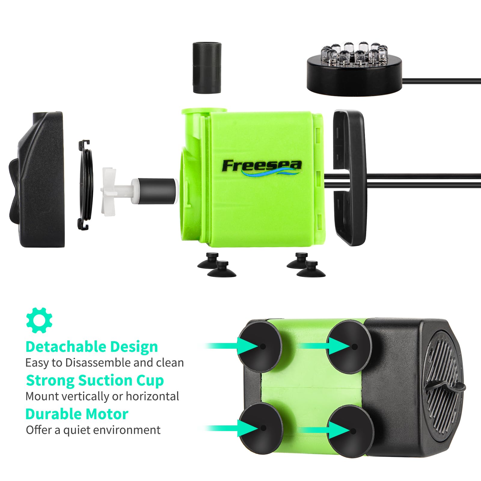 FREESEA Fountain Submersible Water Pump: 10Watt 160GPH Adjustable Aquarium Pump With LED Light 3.3ft Tubing for Outdoor Pond | S