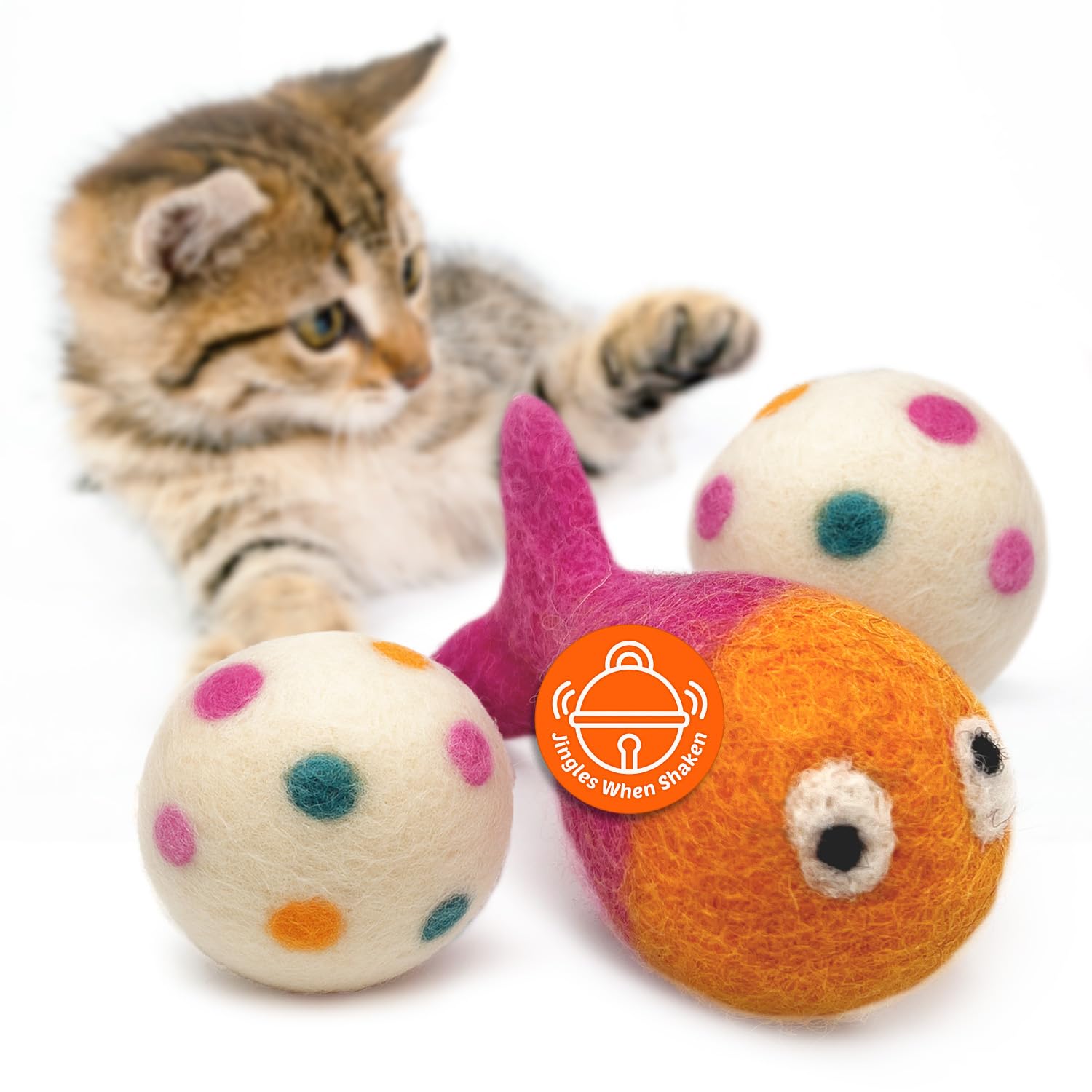 Hustle & Blush Love Ewe Felted Cat Toys 3 Pack - 3 Inch Fish w/Bell & 2 Inch Ball Hand Made Cute & Fun Design Kitten Wool Felt B
