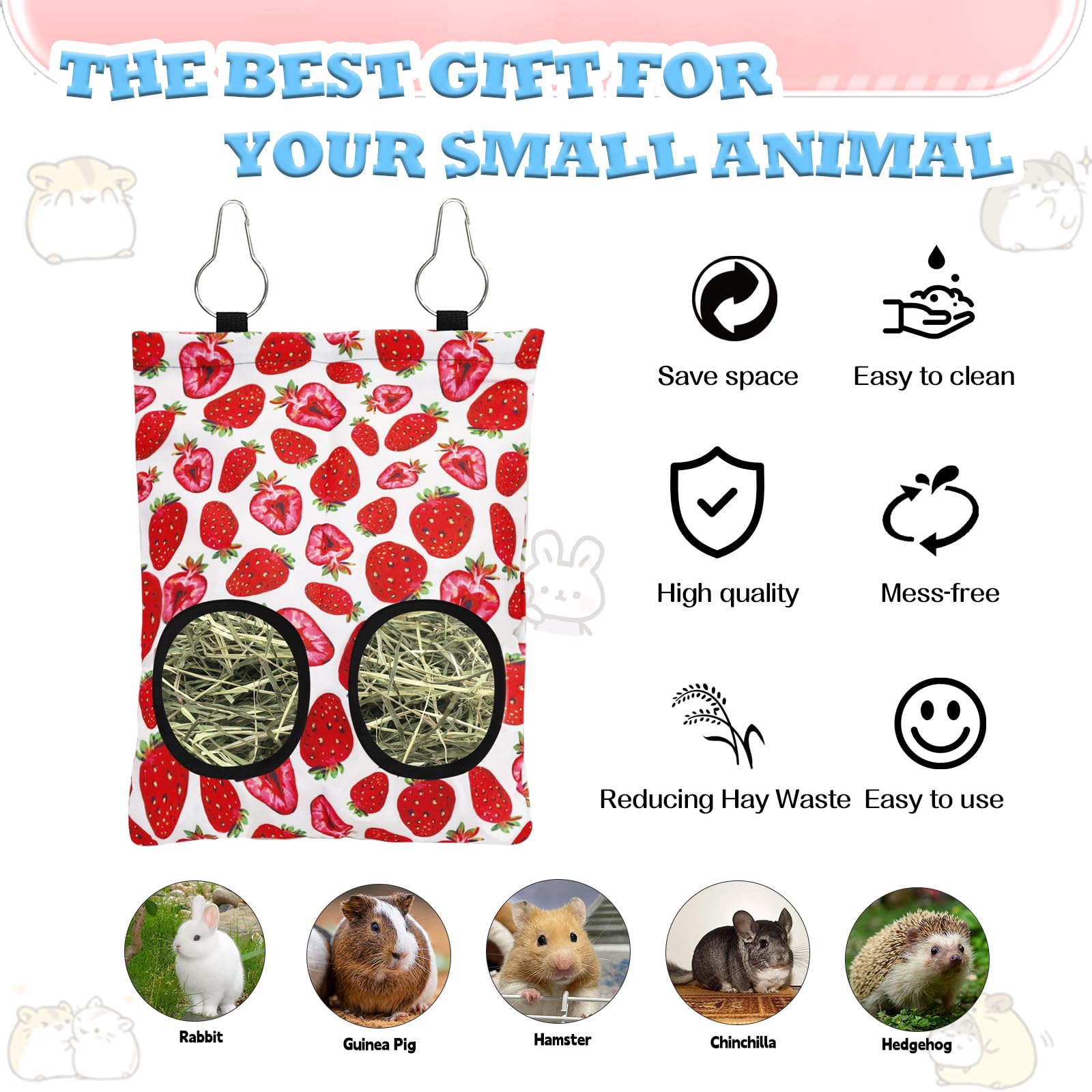 3 Pcs Rabbit Hay Feeder, 2-Hole Hanging Guinea Pig Hay Bags Washable Bunny Hay Bag for Rabbits, Chinchillas, Hamsters, Small Pet