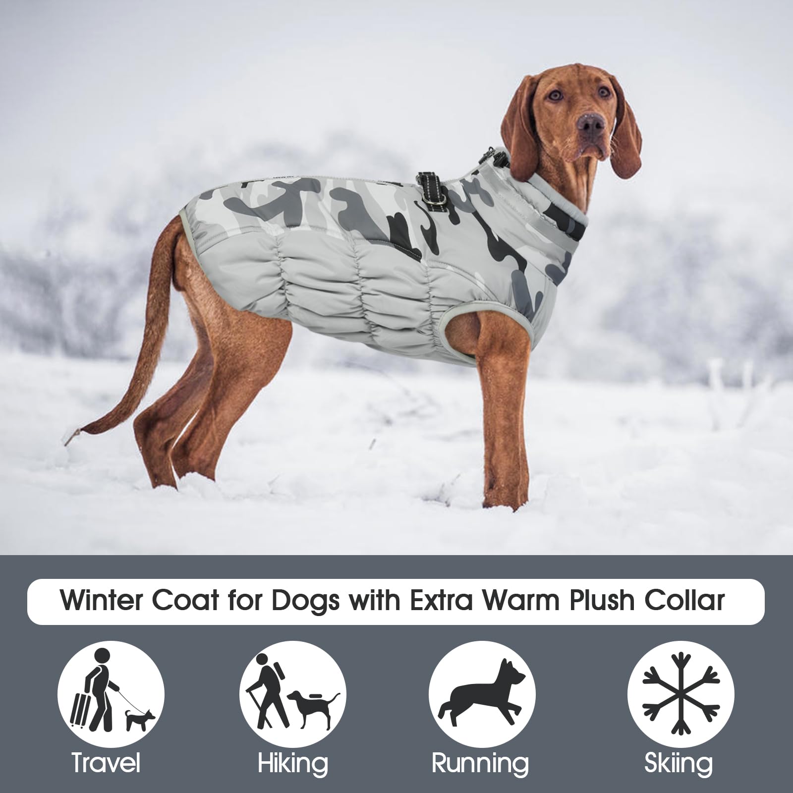 Fuamey Dog Jacket, Cold Weather Coats For Pets With Built-In Harness And Back Zipper, Water Resistant, Grey Camo, 3Xl