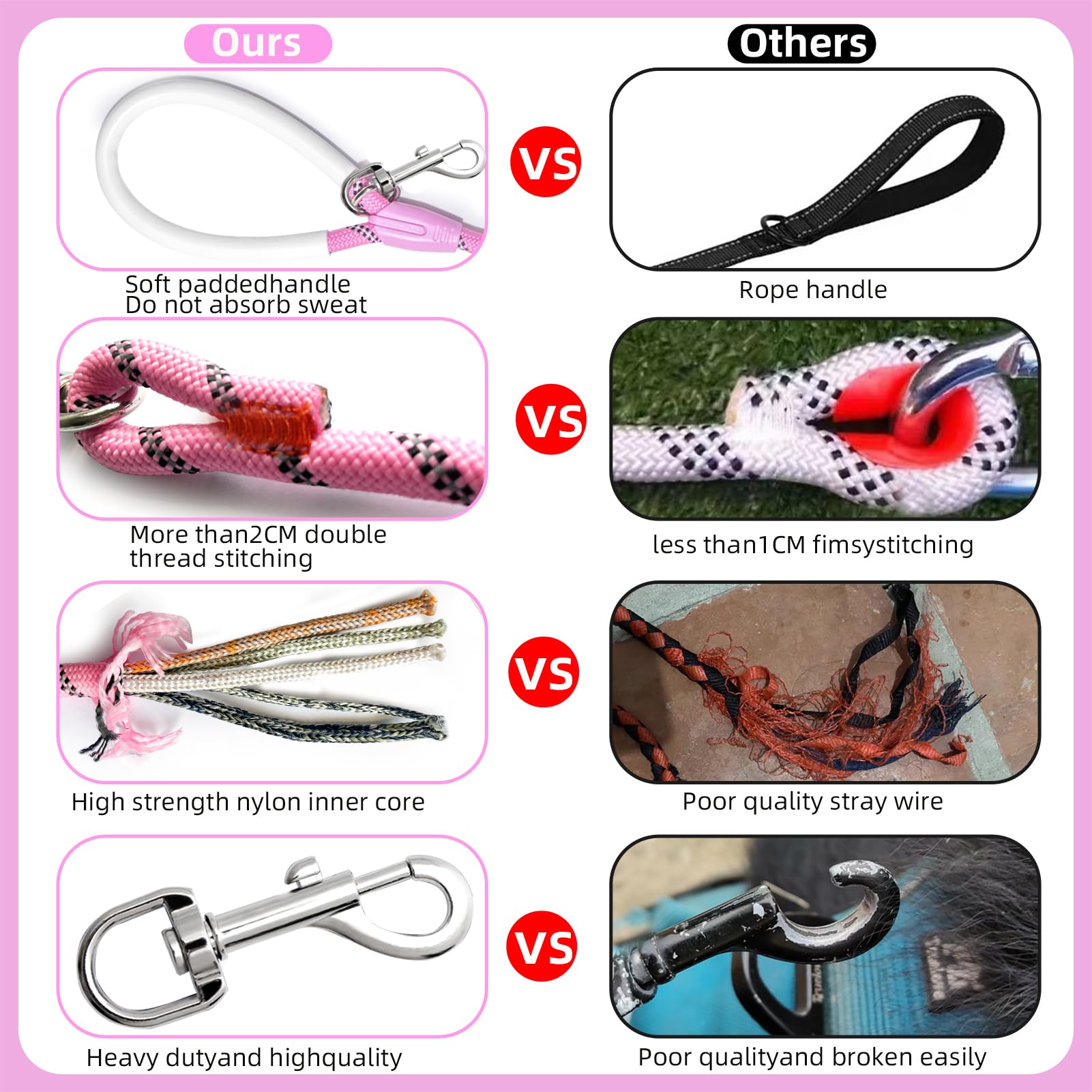 Codepets Heavy Duty Nylon Dog Training Leash 20FTx1/2in Pink with Comfortable Silicone Handle Highly Reflective No Tangle for Me