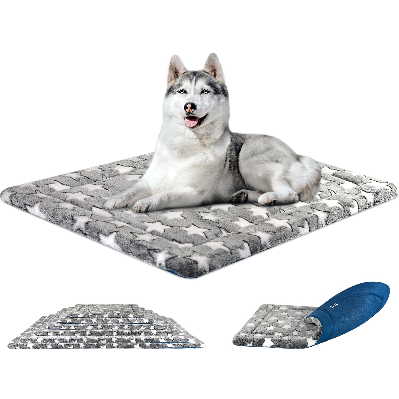 Kroser Fancy Dog Crate Pad Dog Bed Mat Reversible (Cool & Warm), Dog Bed Pad With Machine Washable, Dog Crate Mat For Small To Xxx-Large Dogs, Grey, Navy, Star Pattern