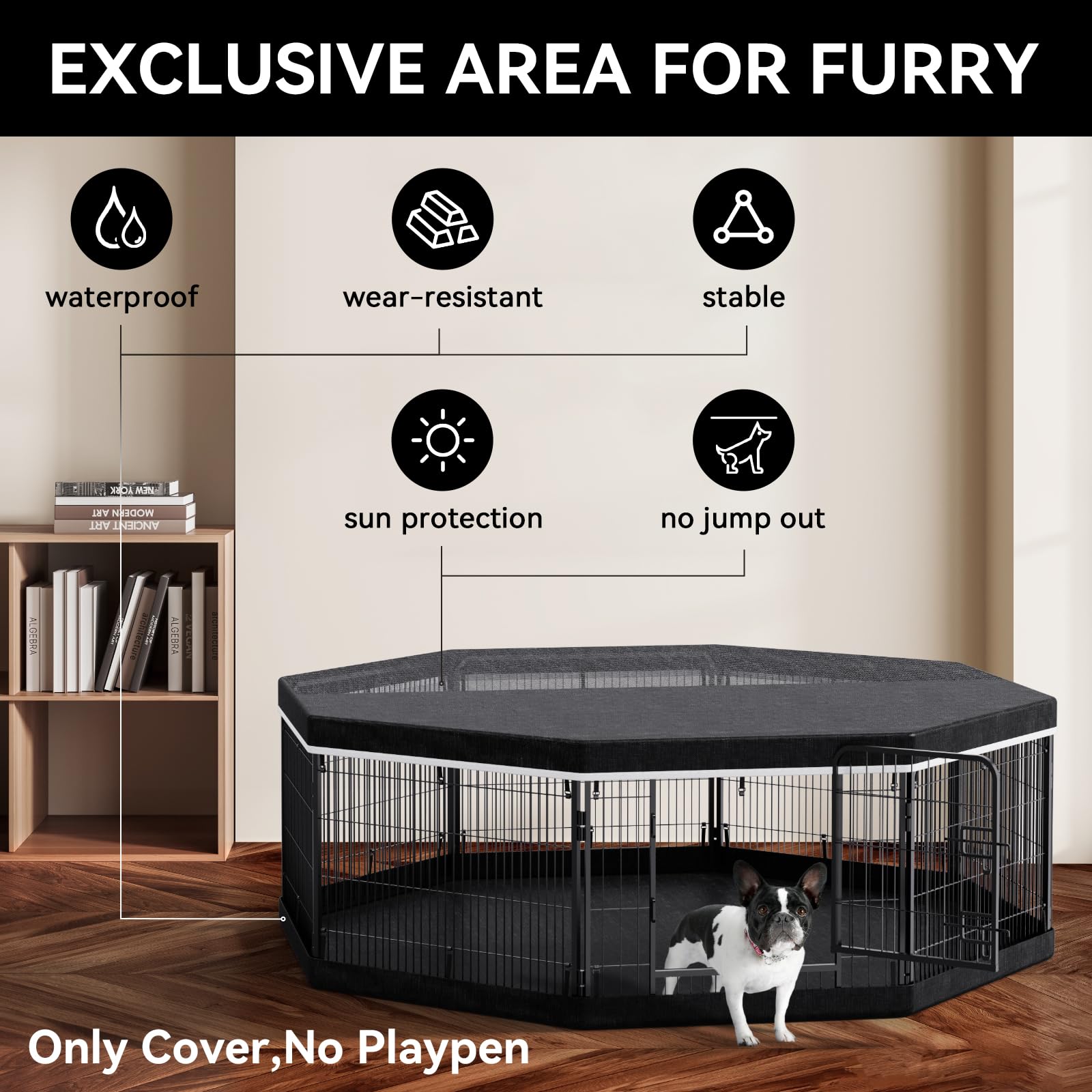 PJYuCien Dog Playpen Top Cover - Black Oxford Fabric, Fits 8 Panels, 24"W, Octagonal Design