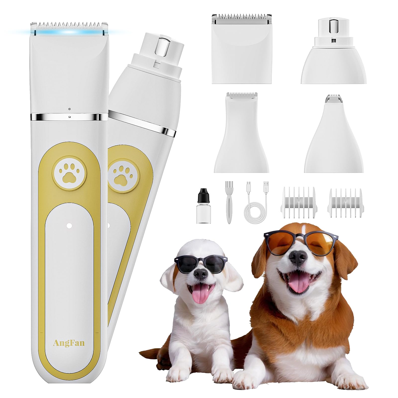 AngFan Dog Clippers Grooming Kit with 4 in 1 Tools, Cordless Dog Paw Trimmer & IPX7 Waterproof & Nail Grinder, Low Noise Quiet D