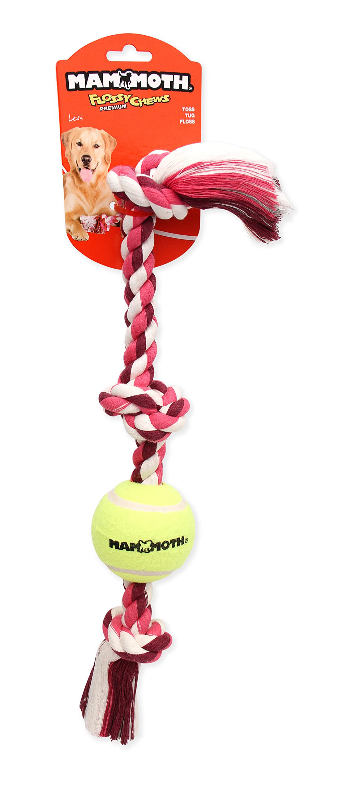 Mammoth Flossy Chews Color 3 Knot Tug W/Standard Tennis Ball – Premium Cotton-Poly Tug Toy For Dogs – Interactive– Rope Dog Toy For Medium Dogs - 20”