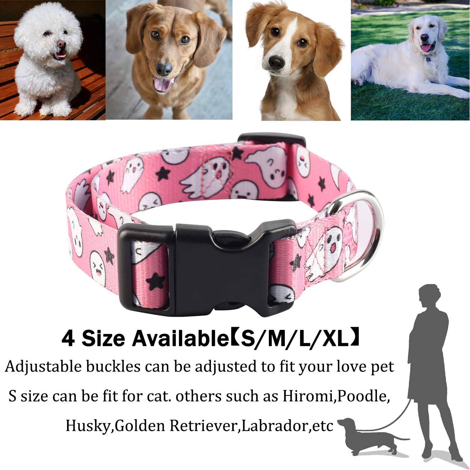 Impoosy2Pcs Dog Halloween Collar With Pet Ghost Leash Set Cat Gift Adjustable Dog Cute Collars For Small Medium Large Pets Dogs Cats (Large, Pink)