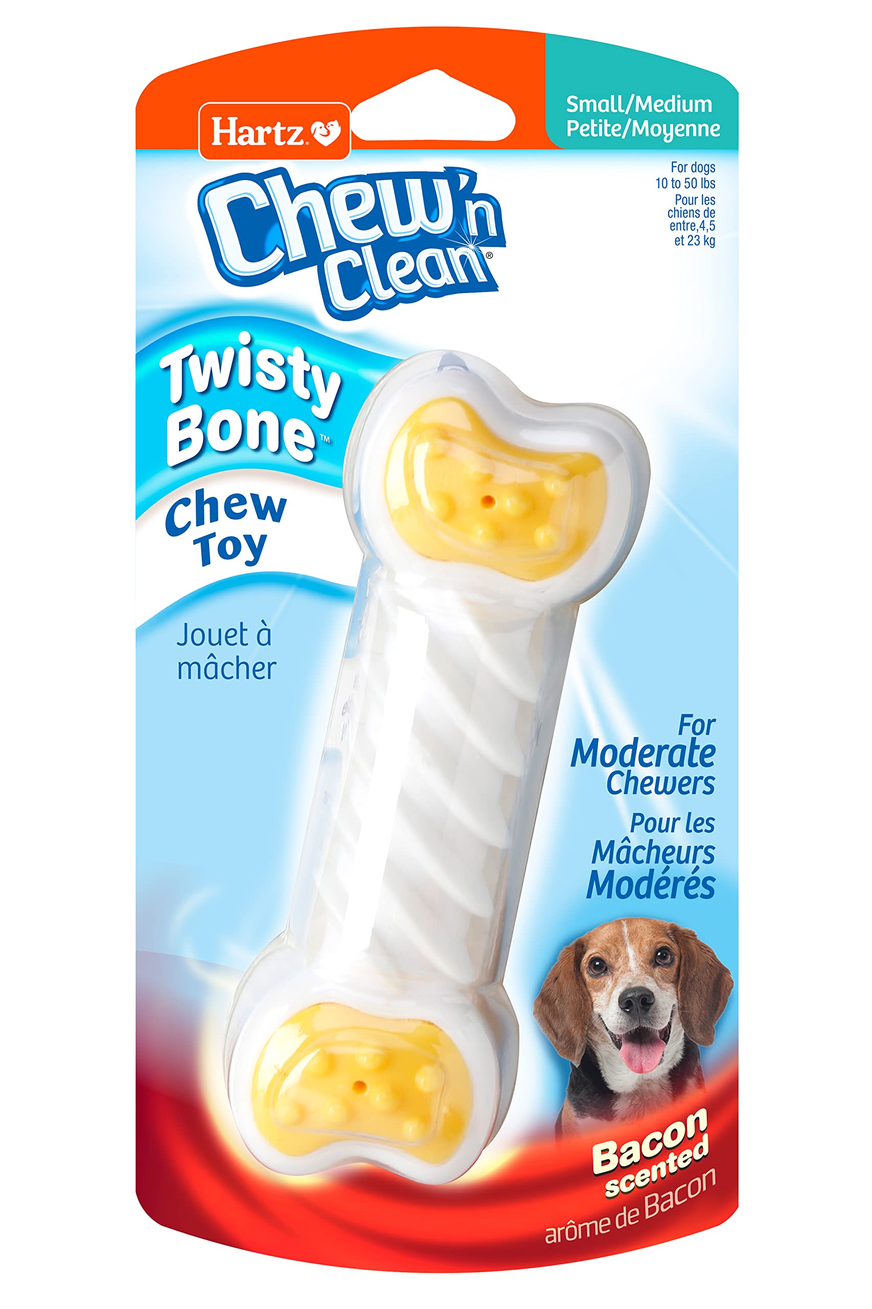 Hartz Chew n Clean Twisty Bone Dog Chew Toy, Bacon Scented Chew Toy for Moderate Chewers, Small/Medium, Color Varies