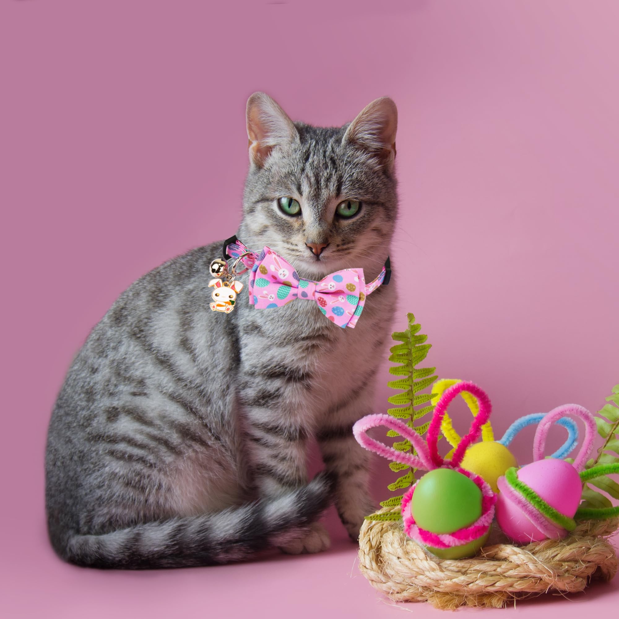 Adoggygo Easter Cat Collar Breakaway With Bow Tie Bell - 2 Pack Holiday Kitten Collar With Removable Bowtie, Cute White Pink Eas